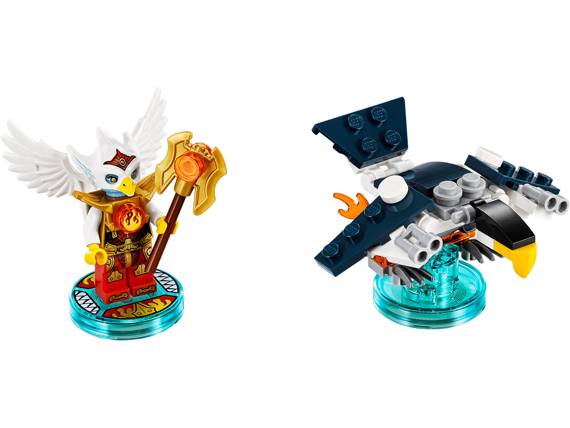 Zwei LEGO Dimensions Figuren: ein weißer Greif mit goldenem Stab und ein dunkelblauer und weißer Roboteradler.