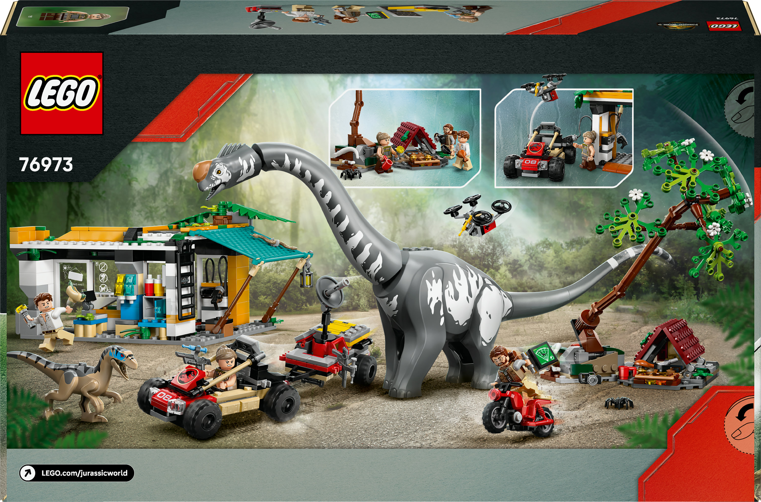 Tył pudełka zestawu LEGO Jurassic World: Brachiozaur, pojazdy, minifigurki i budynek na tle natury.