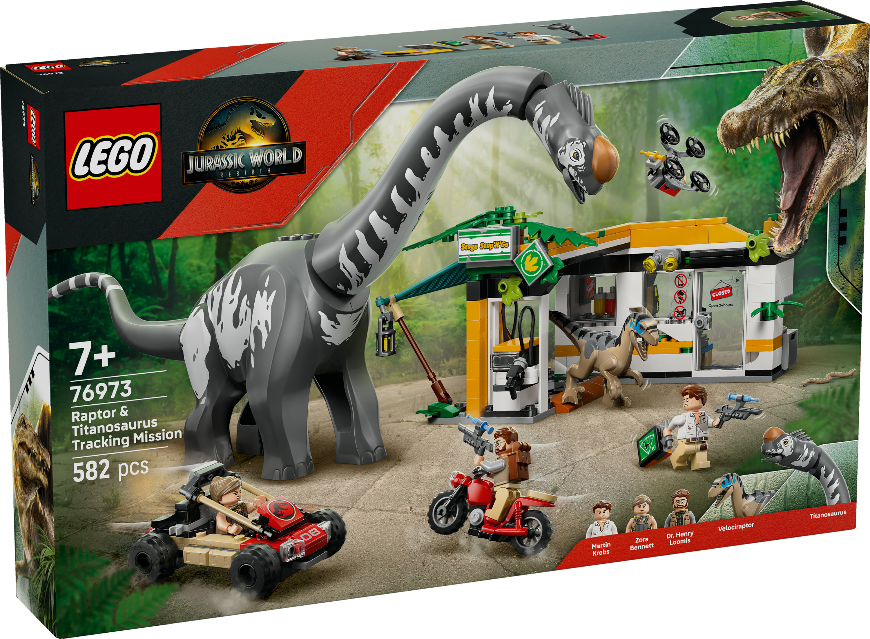 Pudełko LEGO Jurassic World: Misja śledzenia Raptora i Tytanozaura, z brachiozaurem, pojazdami i minifigurkami.
