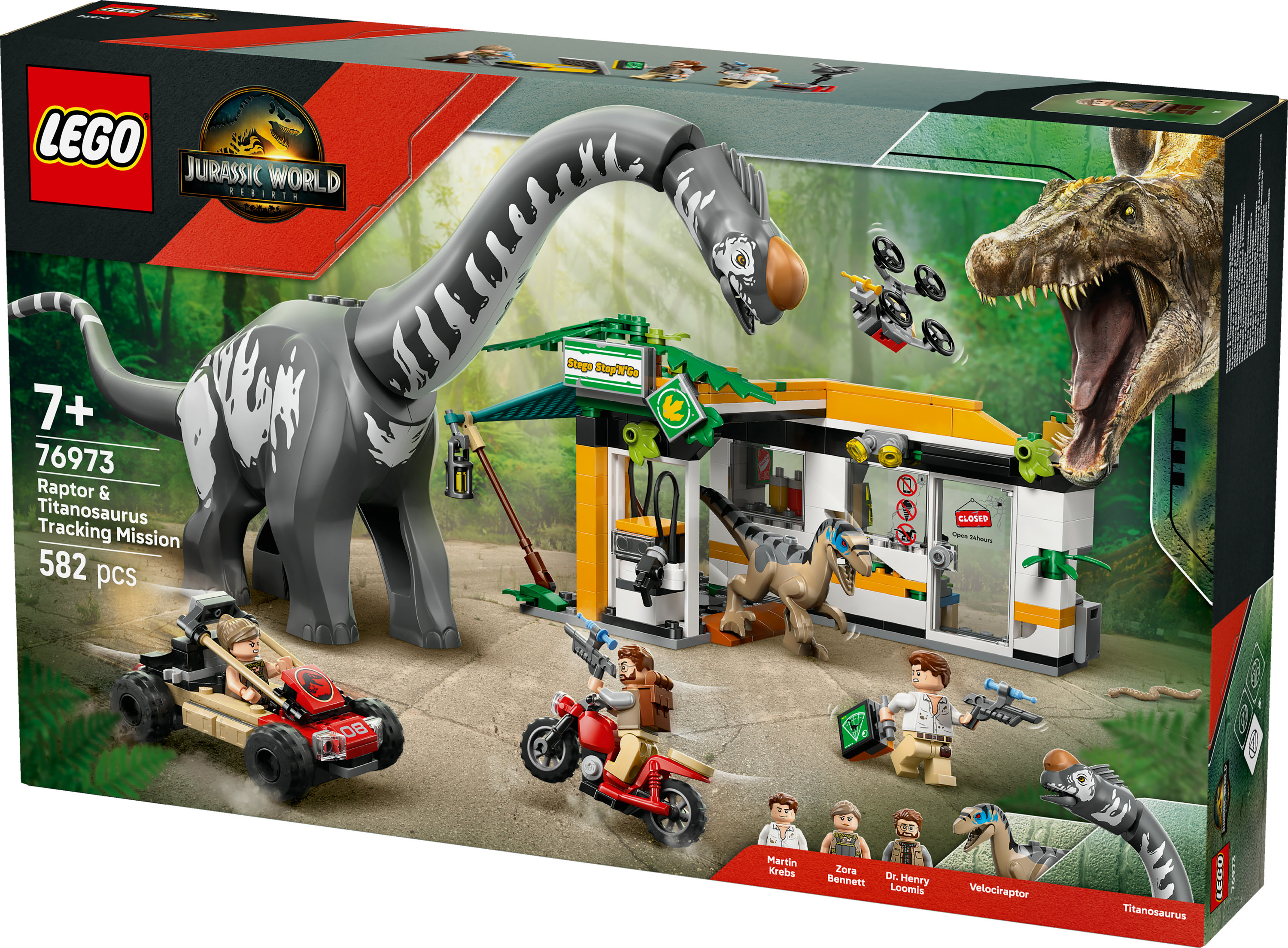 Pudełko LEGO Jurassic World: Misja śledzenia Raptora i Tytanozaura, z brachiozaurem, pojazdami i minifigurkami.