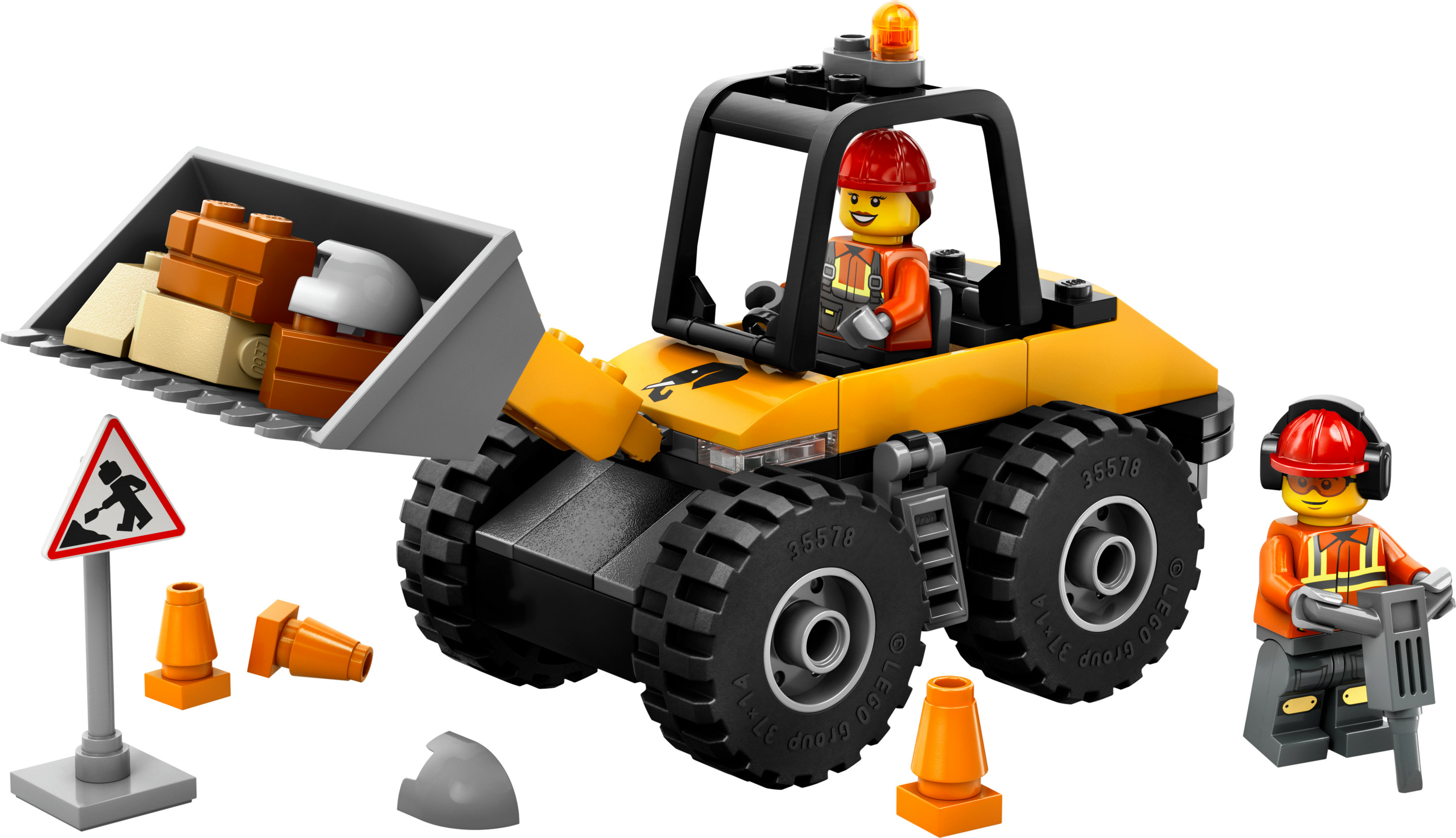 LEGO City seti: Beyaz bir arka plan üzerinde işçi mini figürleri, inşaat malzemeleri ve güvenlik konileri içeren tekerlekli yükleyici.
