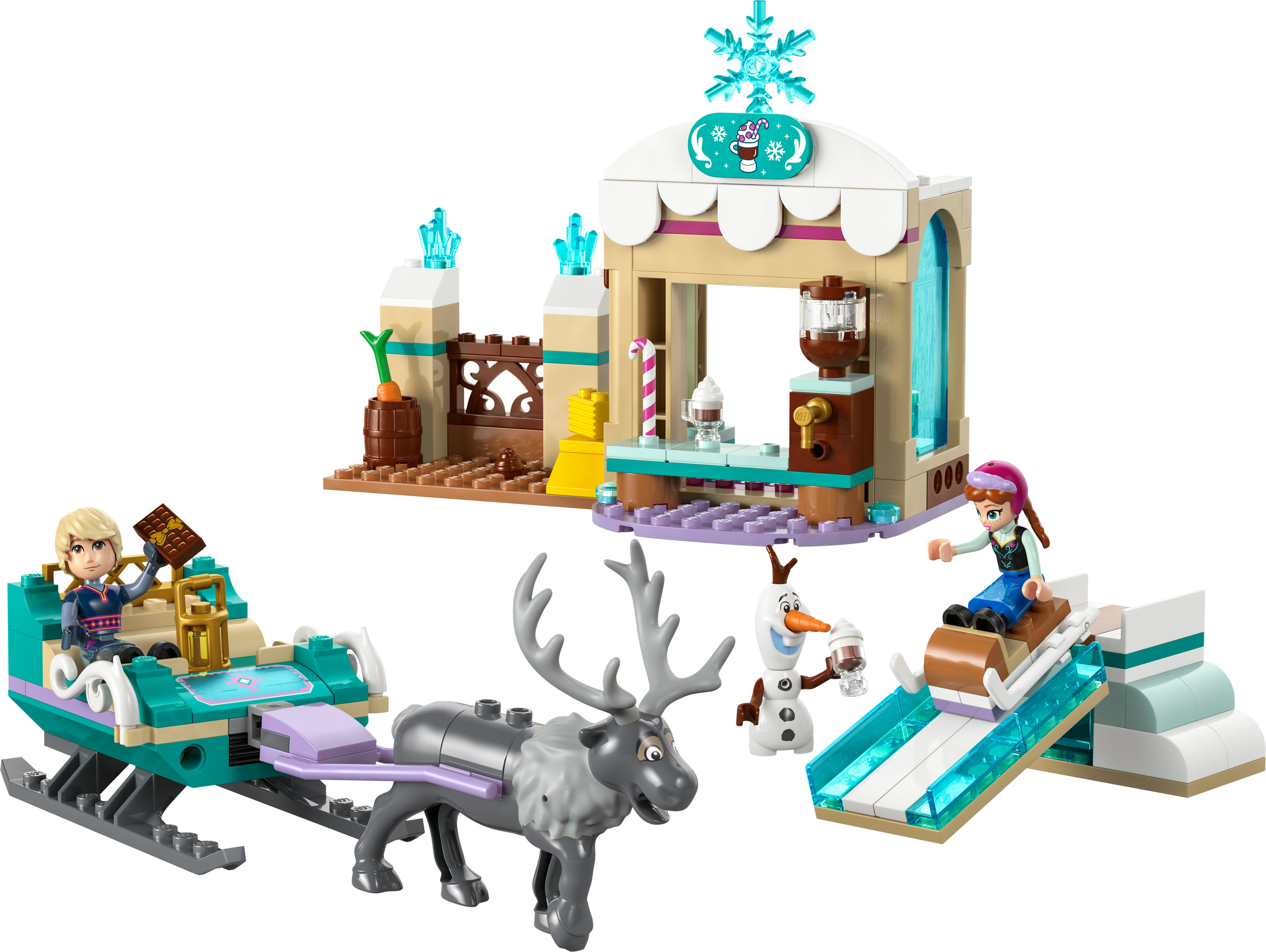 Set LEGO Frozen: Cafetería del castillo de hielo con Anna, Elsa, Olaf, el reno Sven y un trineo sobre un fondo blanco.