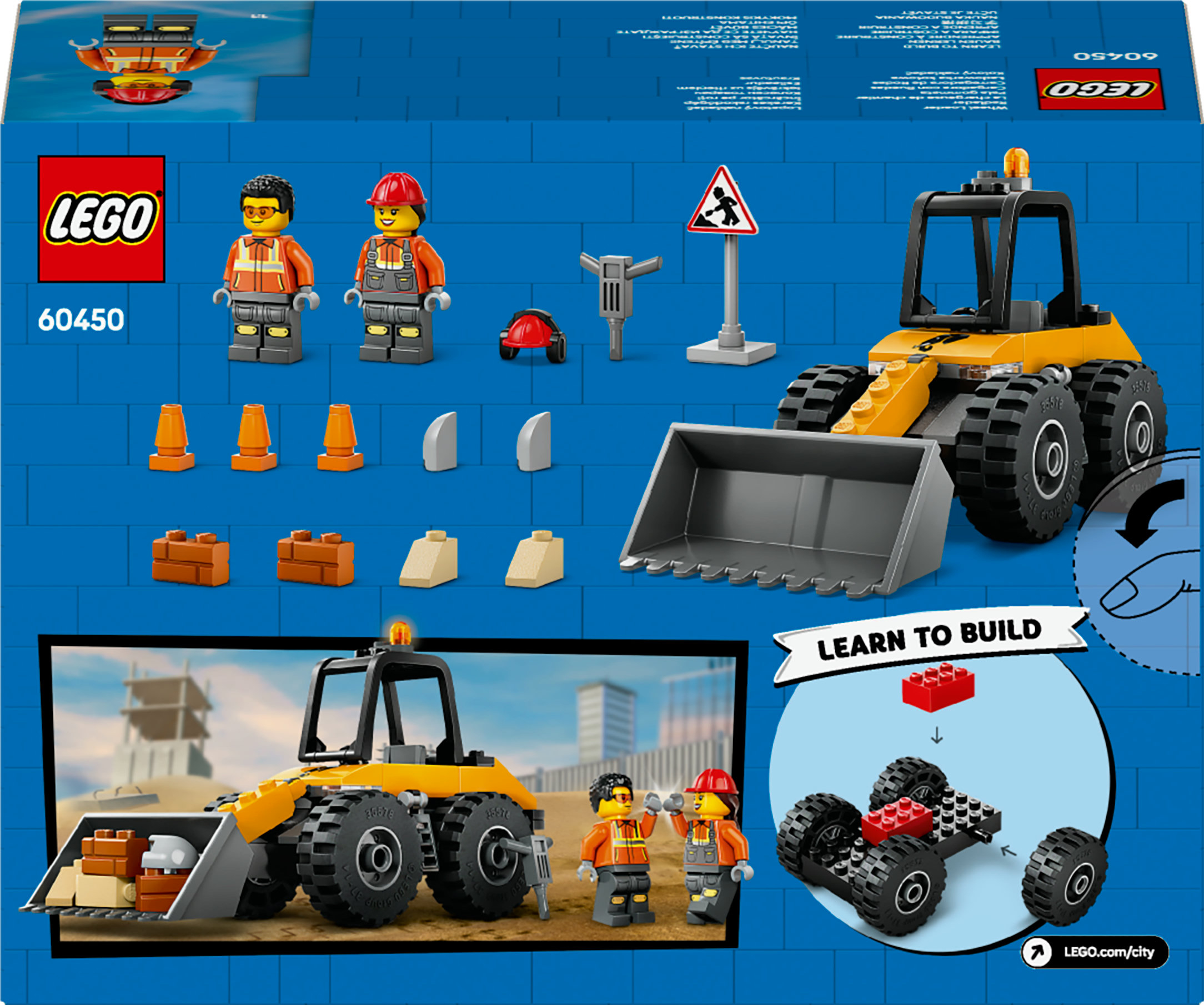 LEGO City kutusu: Mavi bir arka plan üzerinde tekerlekli yükleyici, işçi mini figürleri, inşaat malzemeleri ve talimatlar.