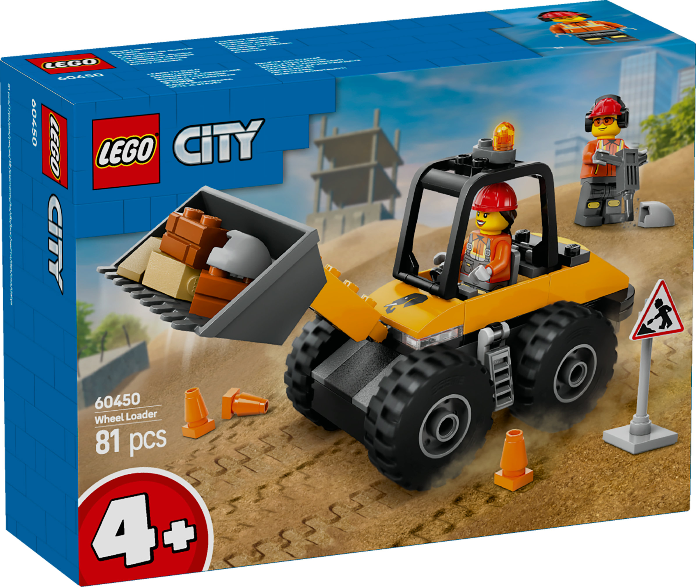LEGO City kutusu: Mavi bir arka plan üzerinde tekerlekli yükleyici, işçi mini figürleri, inşaat malzemeleri ve güvenlik konileri.
