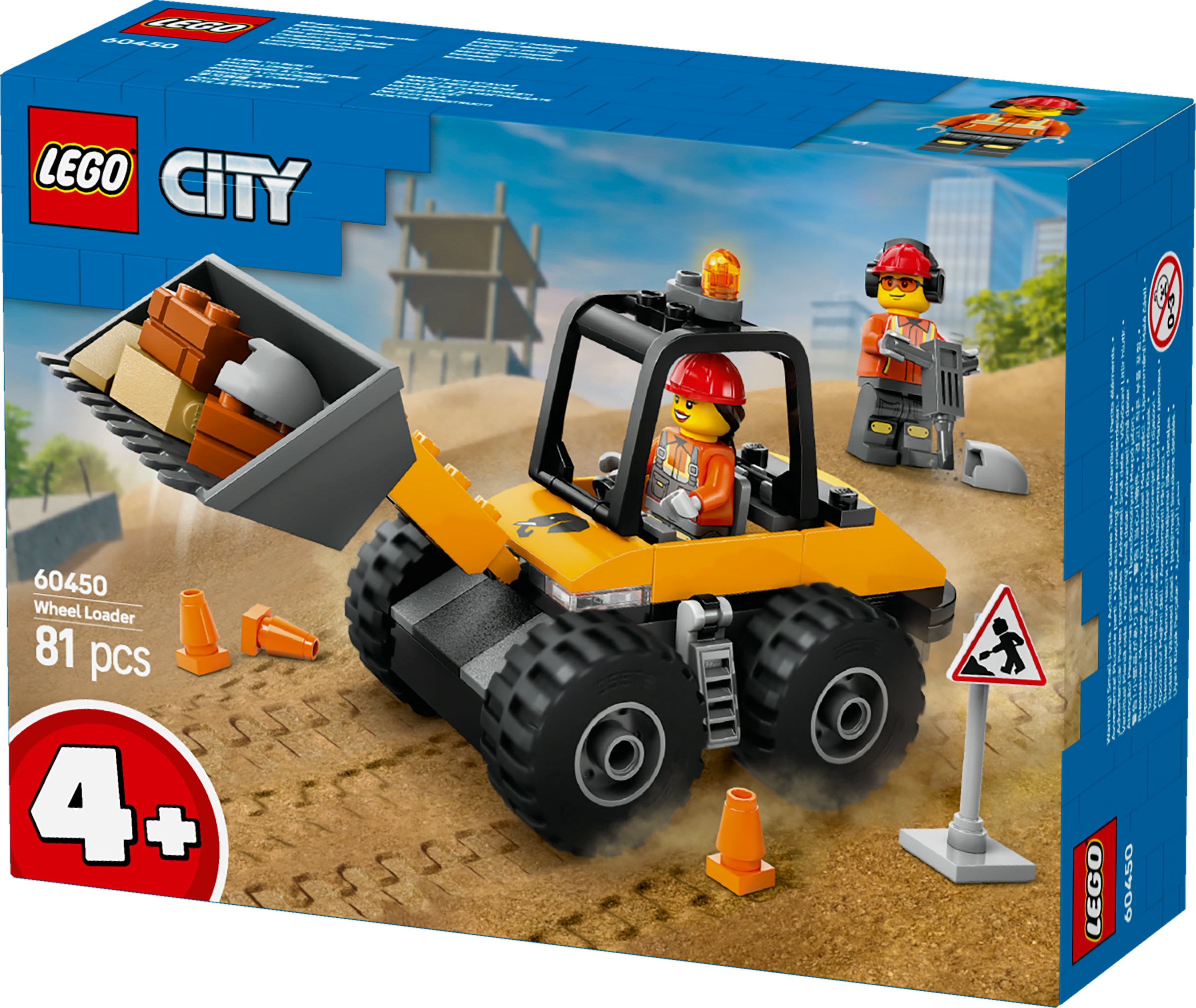 LEGO City kutusu: Mavi bir arka plan üzerinde tekerlekli yükleyici, işçi mini figürleri, inşaat malzemeleri ve güvenlik konileri.