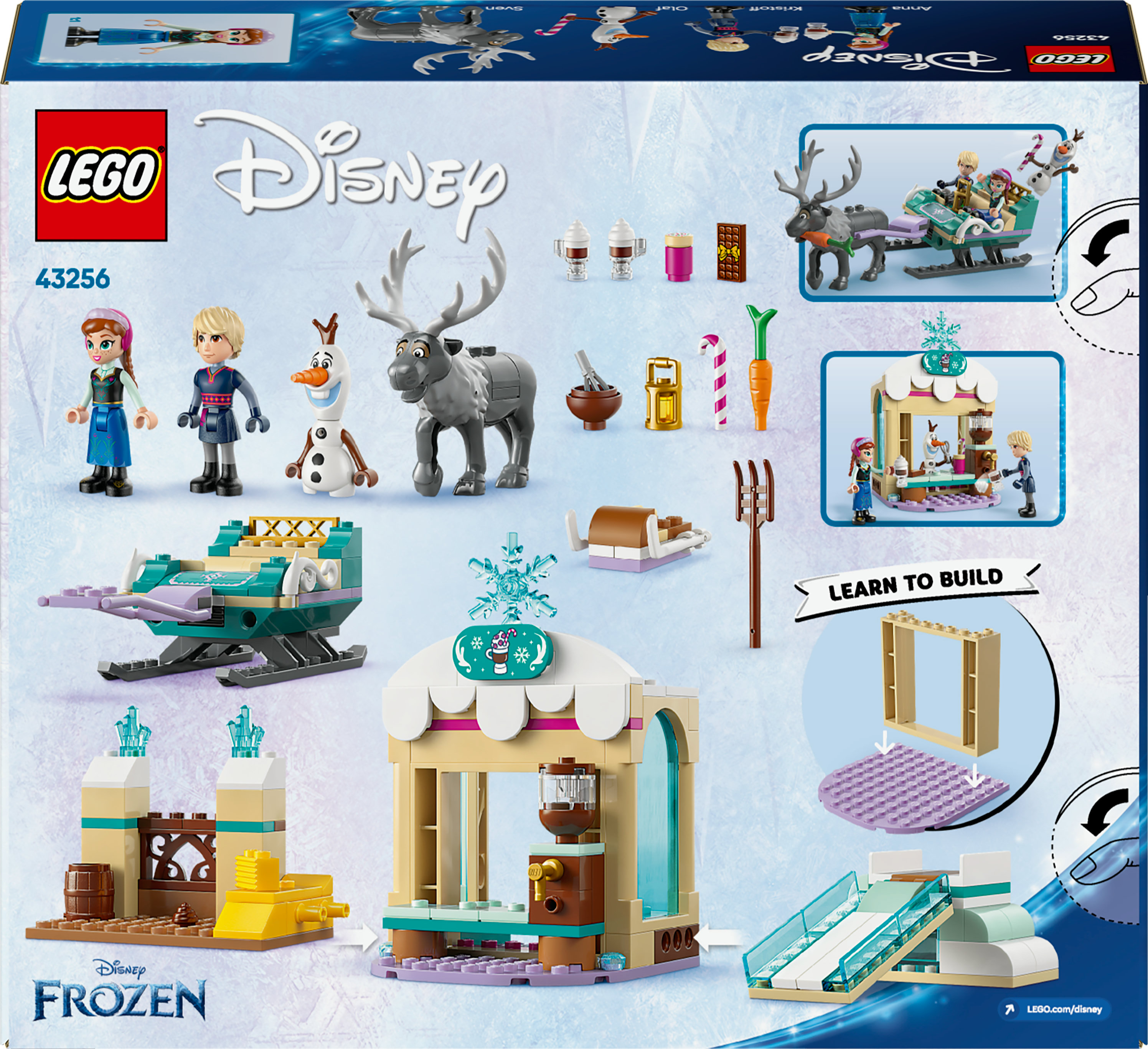 Caja del set Lego Frozen: Anna, Kristoff, Olaf, Sven, un trineo y un edificio.