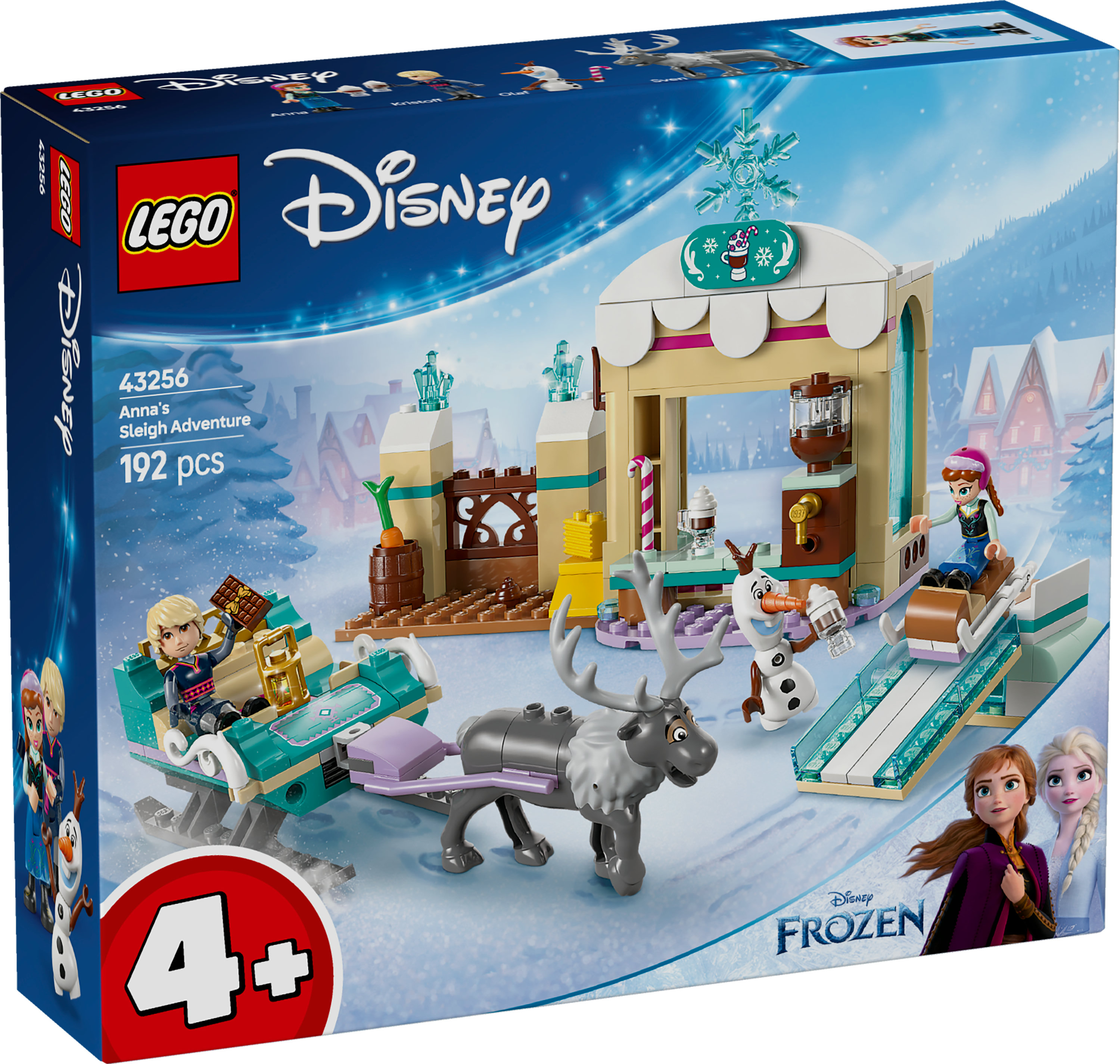 Caja del set Lego Frozen: Anna en un trineo, Sven tirando de él, Olaf y un edificio.