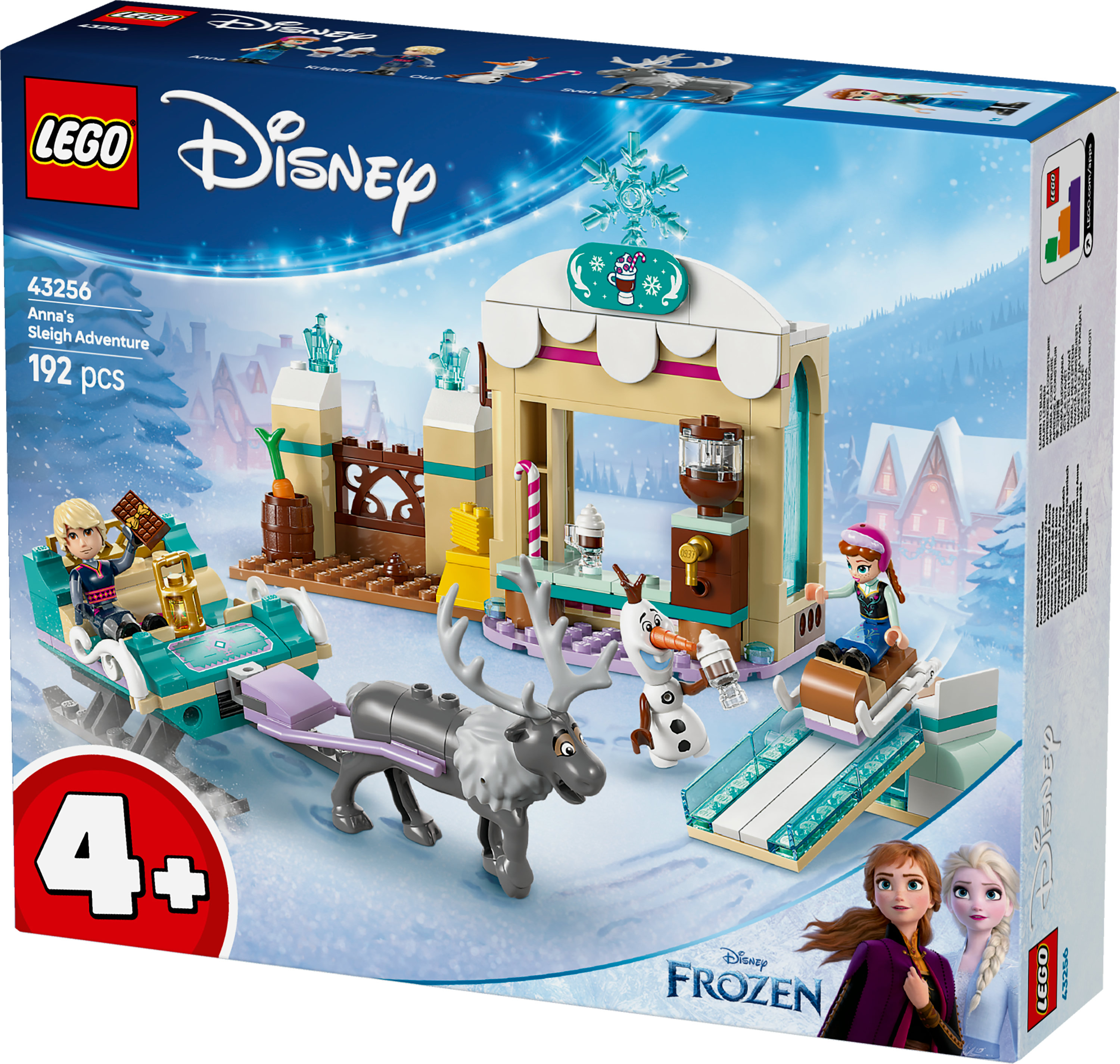 Caja Lego Frozen: Anna, Sven, Olaf y un juego de construcción. Un trineo y una escena nevada.