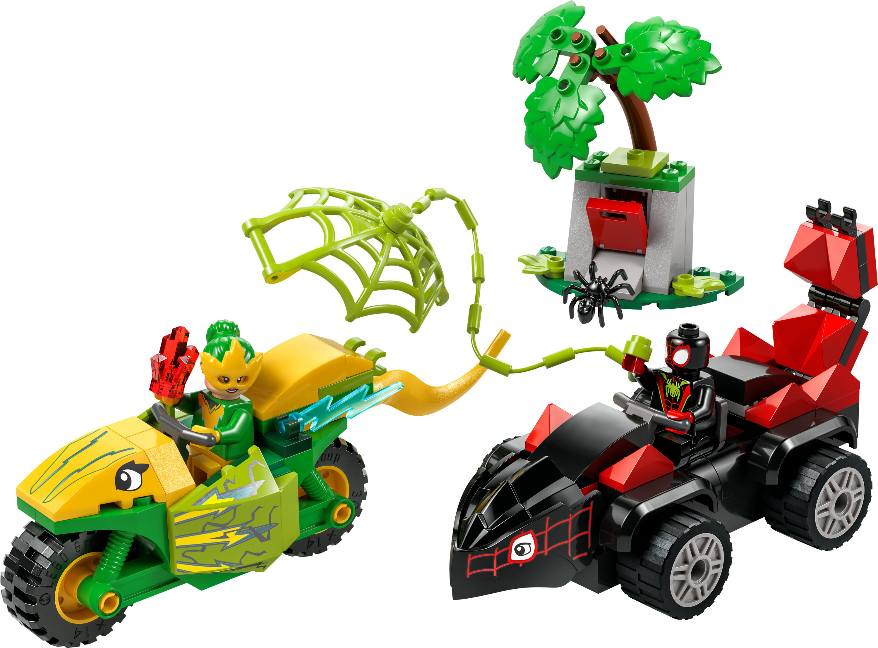 Zestaw Lego z dwoma pojazdami Spider-Mana: zielono-żółtym i czarno-czerwonym oraz pająkiem.