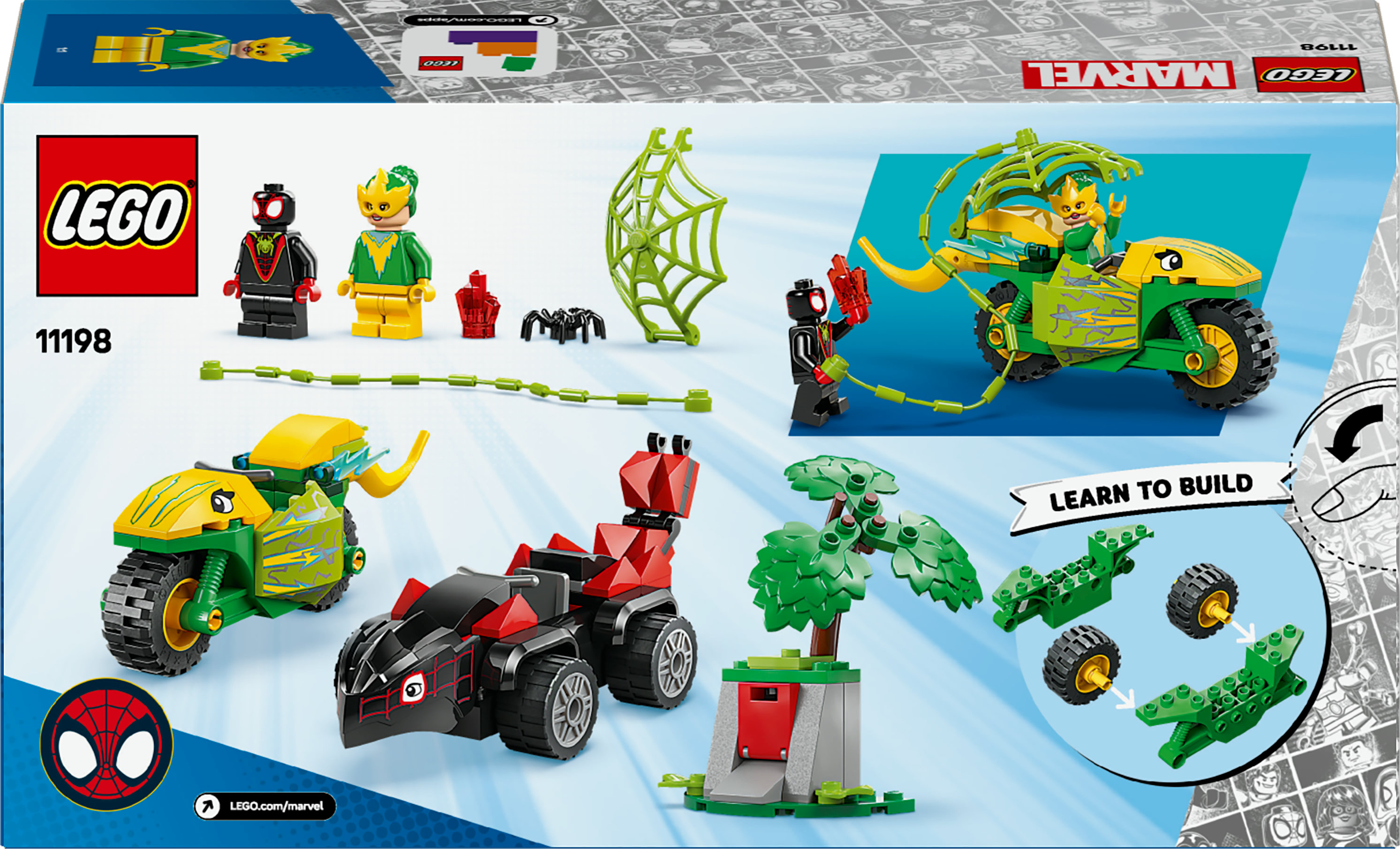Pudełko zestawu Lego Spider-Man: 2 pojazdy, pajęczyna, figurki i drzewo z czerwoną skrzynką pocztową.