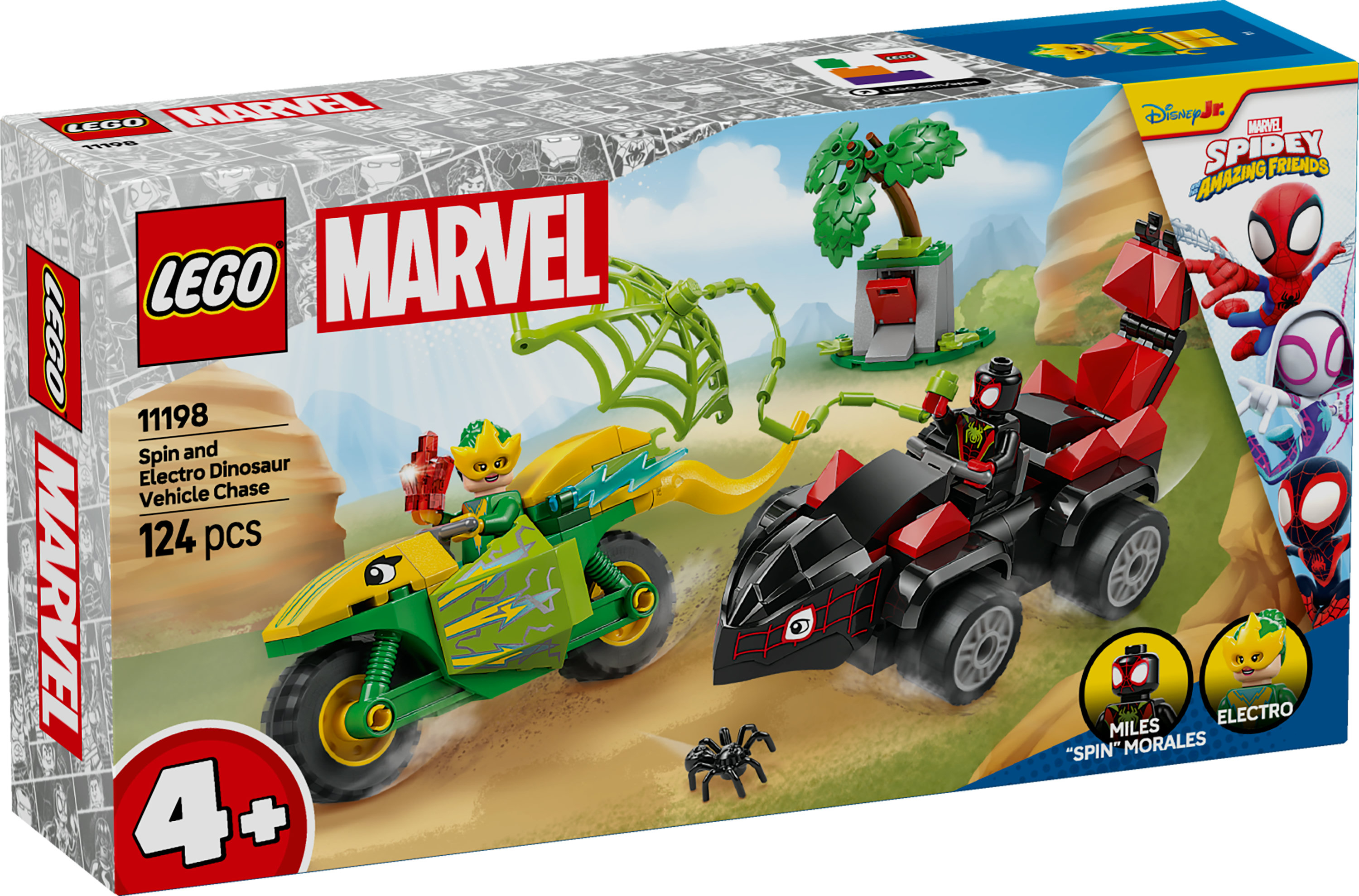 Pudełko zestawu Lego: pojazdy Spider-Mana i Electro, pająk, drzewo ze skrzynką pocztową, figurki. 4+.