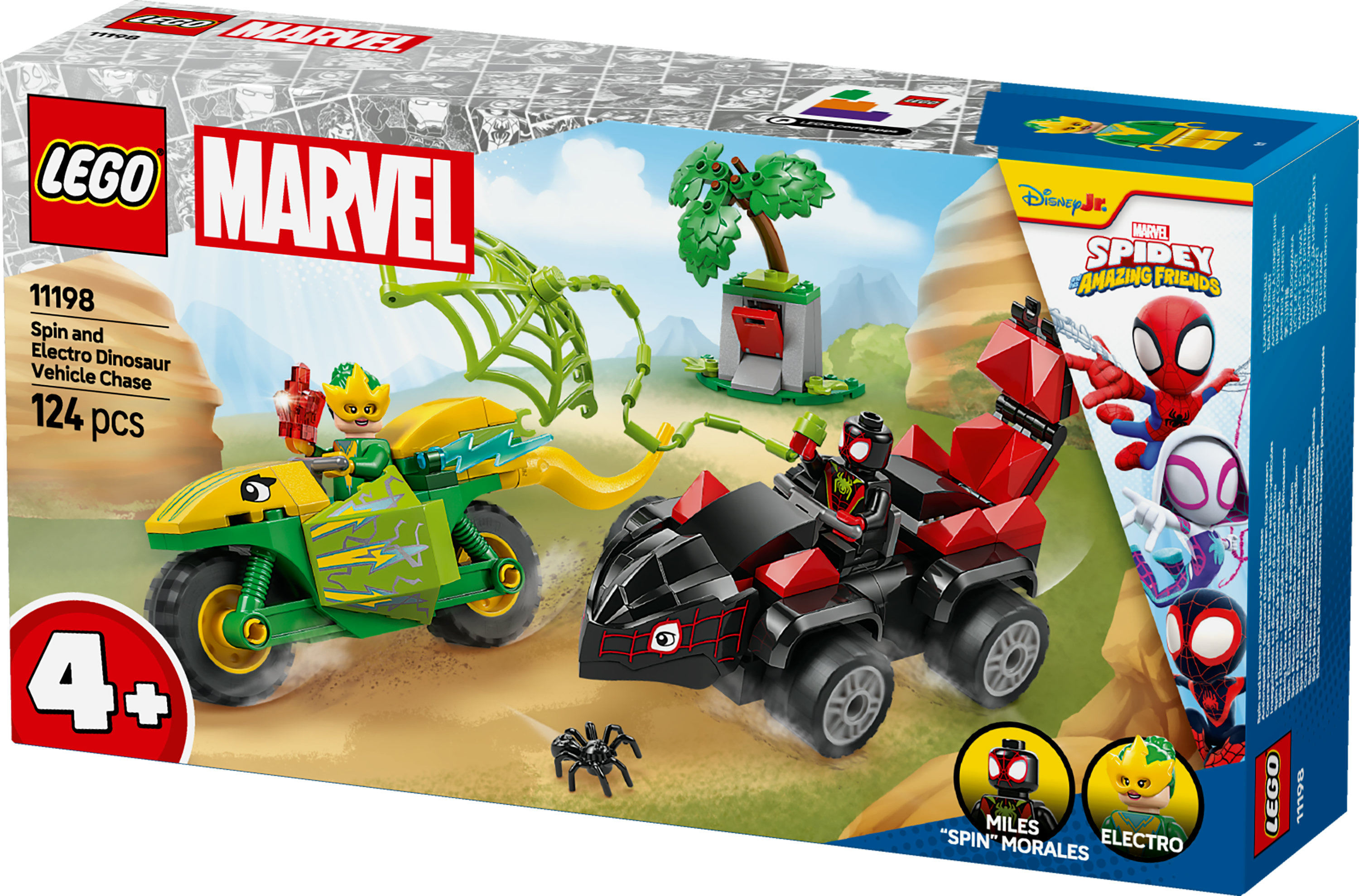 Pudełko Lego: pojazdy Spider-Mana i Electro w pościgu. Drzewo, pająk i figurki. 4+. Szczegóły.