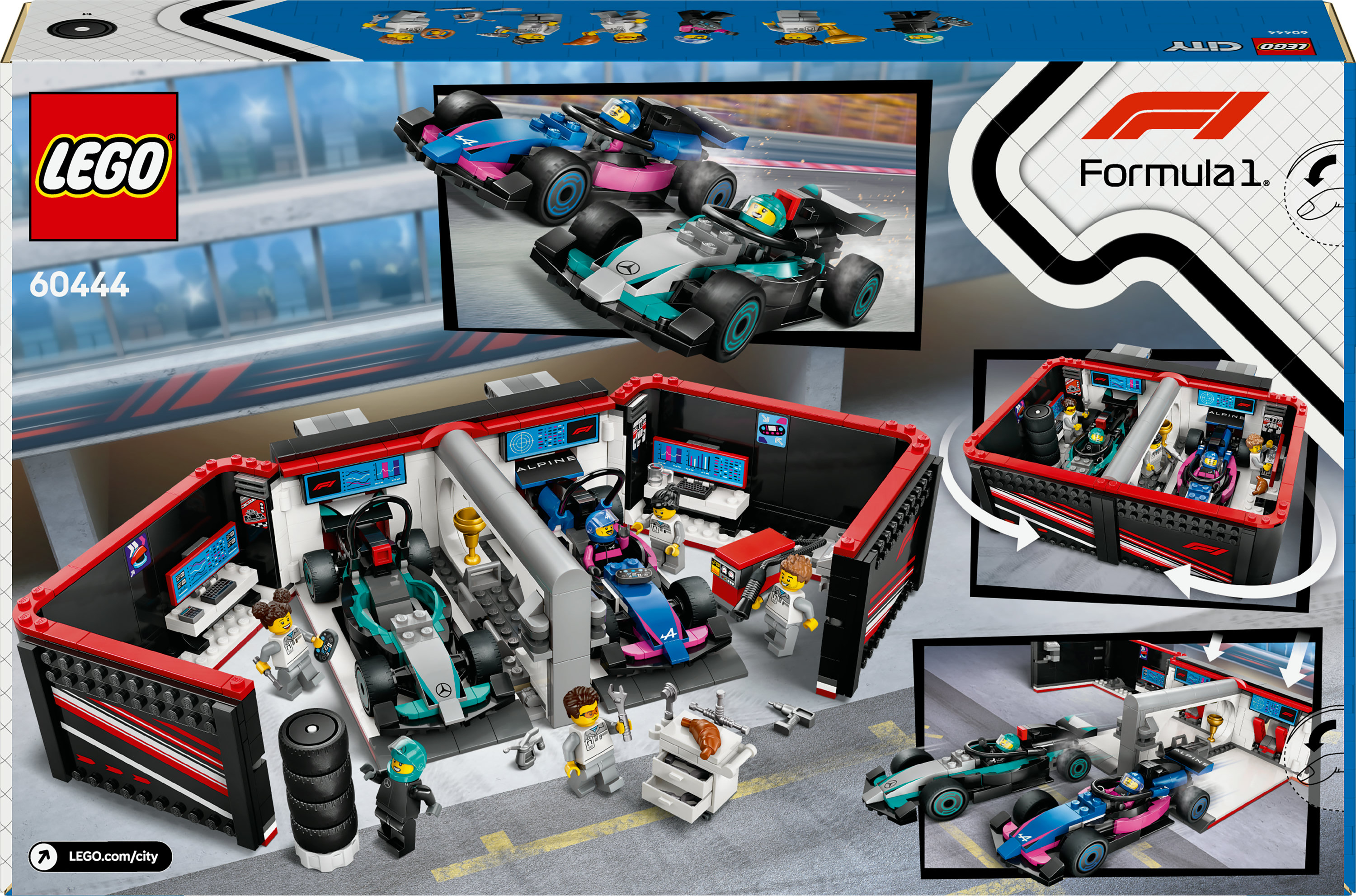 Pudełko Lego Formuła 1: garaż F1 z samochodami, figurkami i akcesoriami. Szczegóły zestawu.