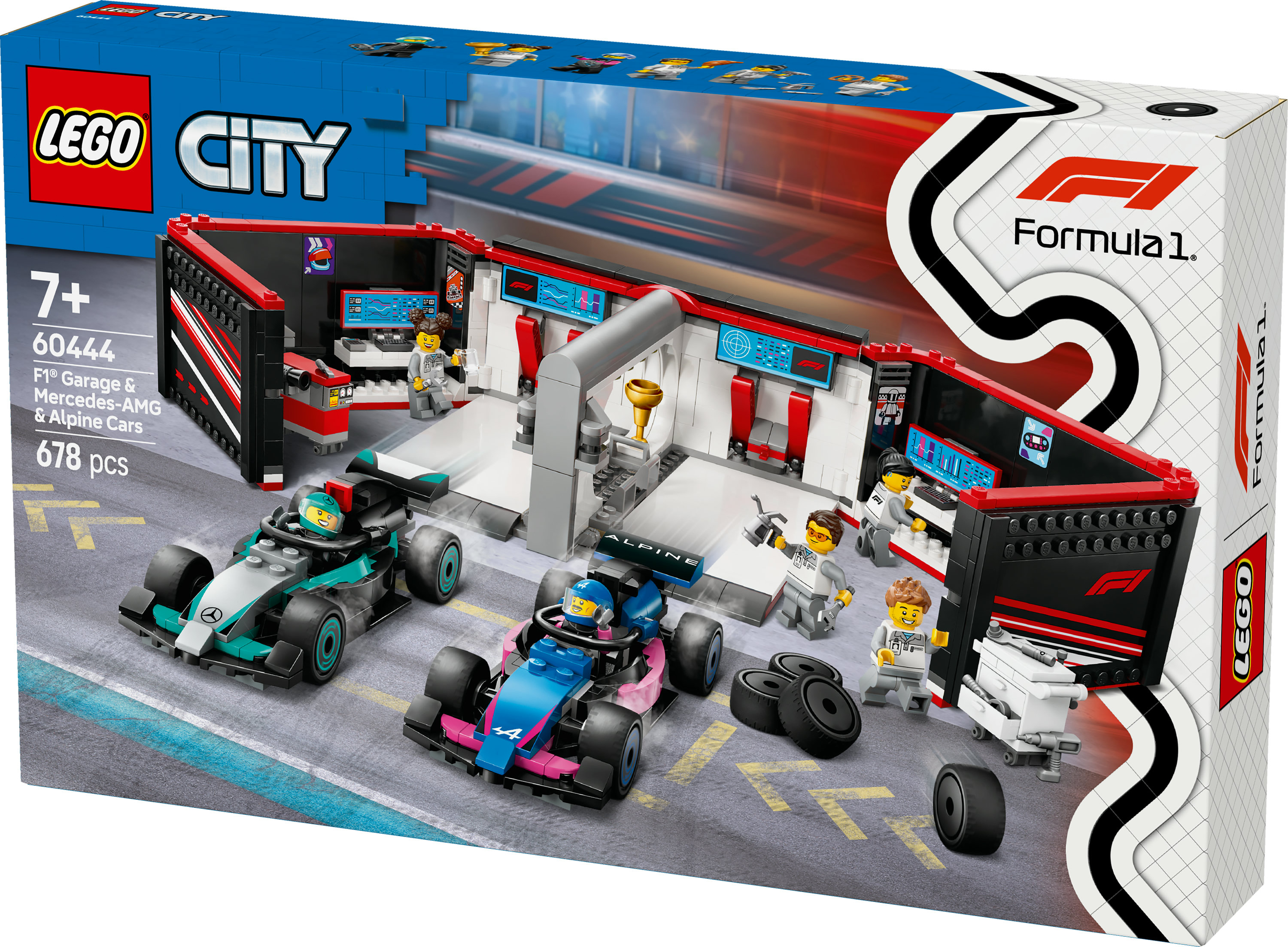 Pudełko zestawu Lego F1 Garage: garaż F1, samochody, figurki i akcesoria. Skupienie na środowisku wyścigowym.