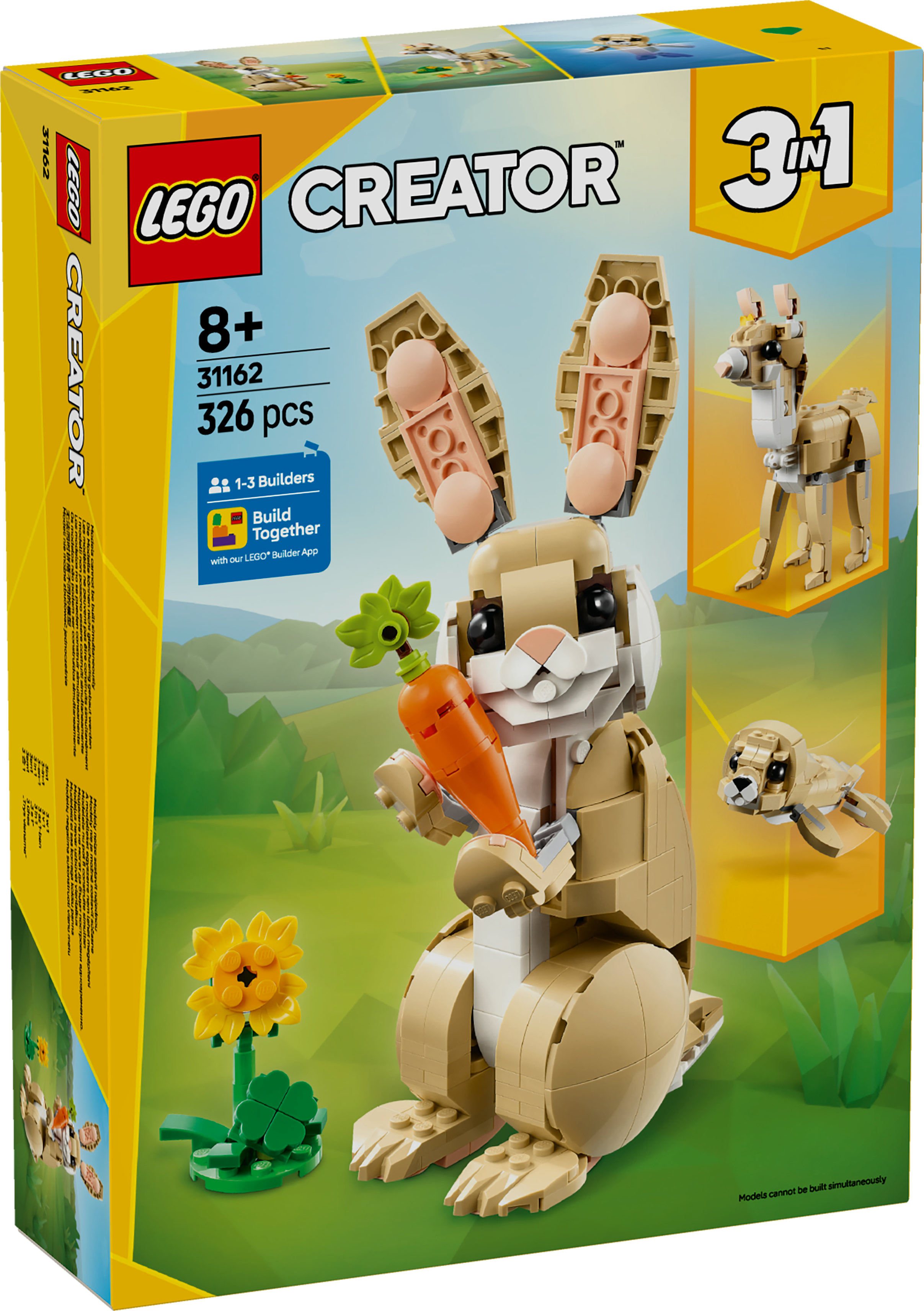 Pudełko Lego Creator: 3 w 1. Brązowy królik trzymający marchewkę, słonecznik i lamę.