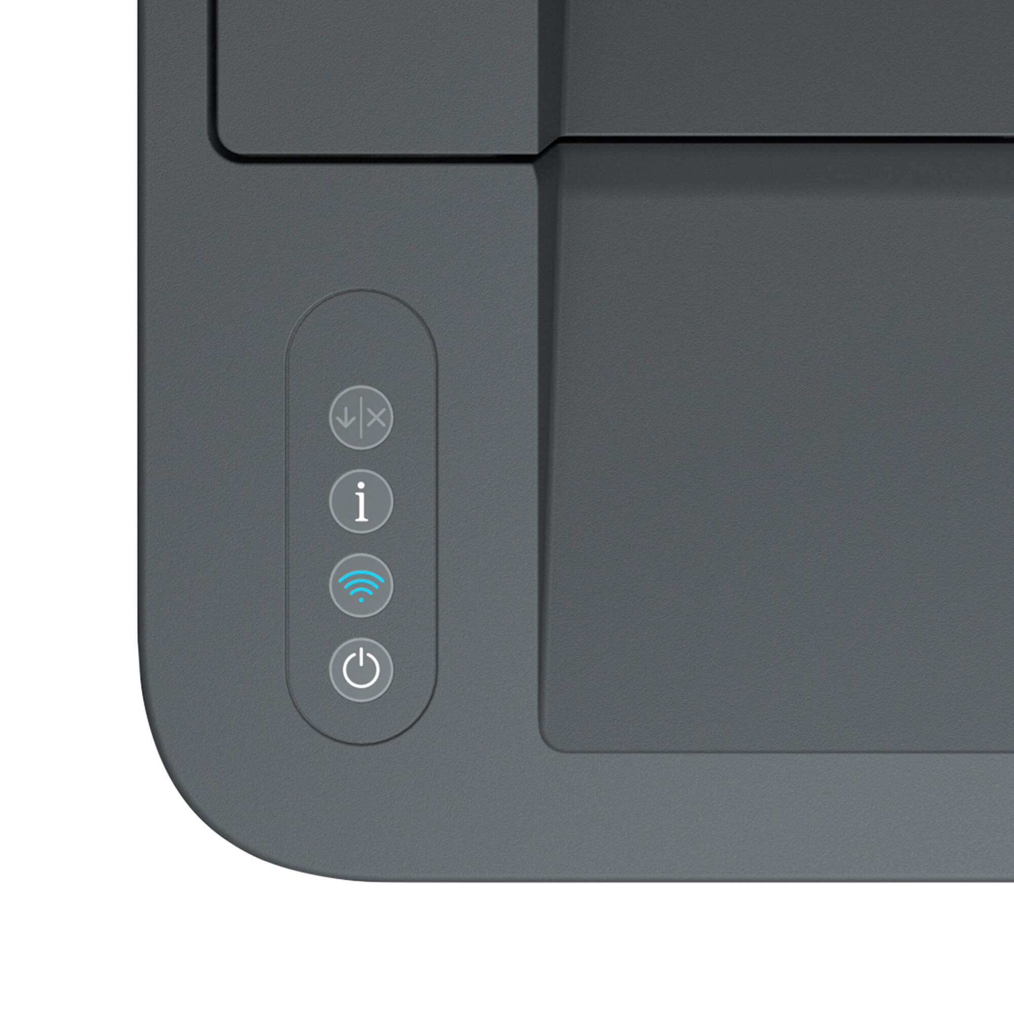 Primer plano de los botones de control de la impresora. Incluye botones Wi-Fi, información y encendido.