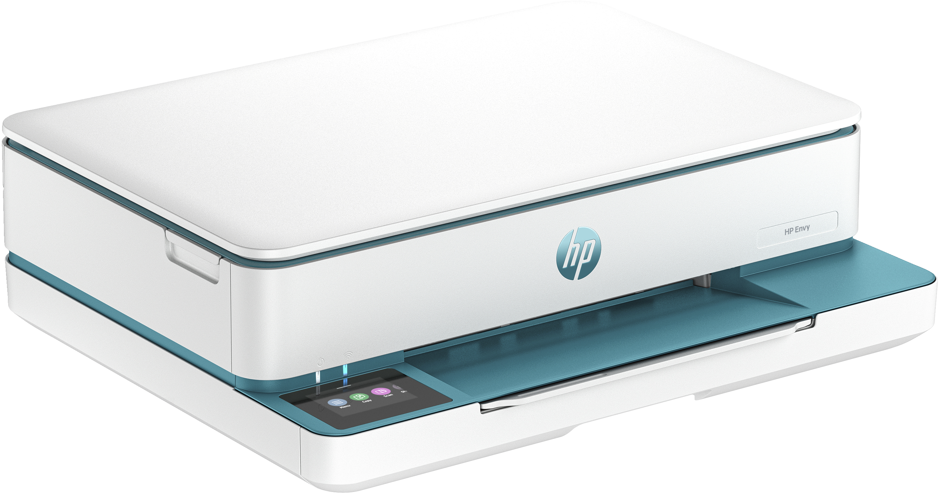 Una impresora HP Envy blanca y verde azulado está en ángulo, mostrando su bandeja de papel y panel de control a la izquierda.