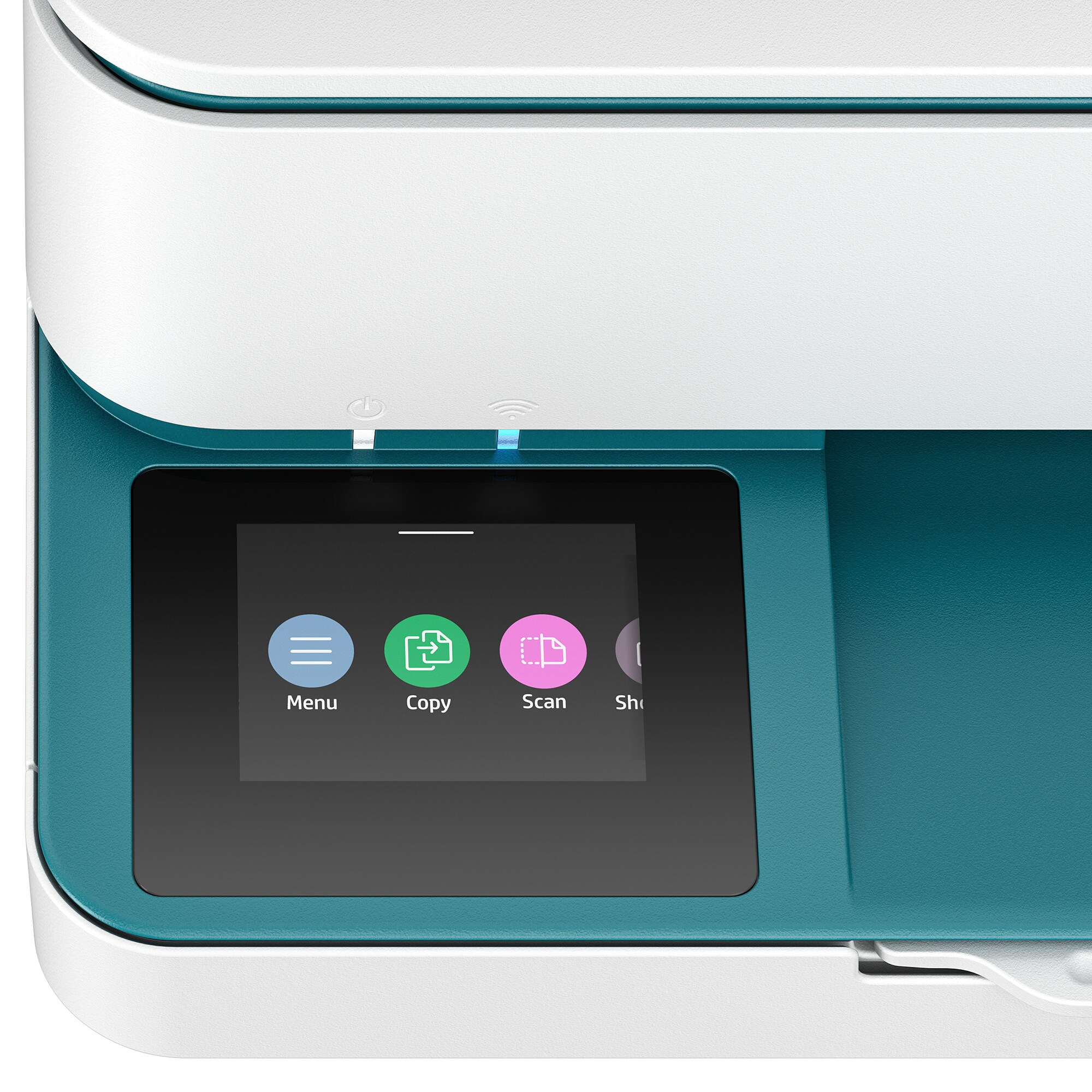 Primer plano del panel de control de una impresora HP blanca y verde azulado, que muestra iconos de Menú, Copiar y Escanear.