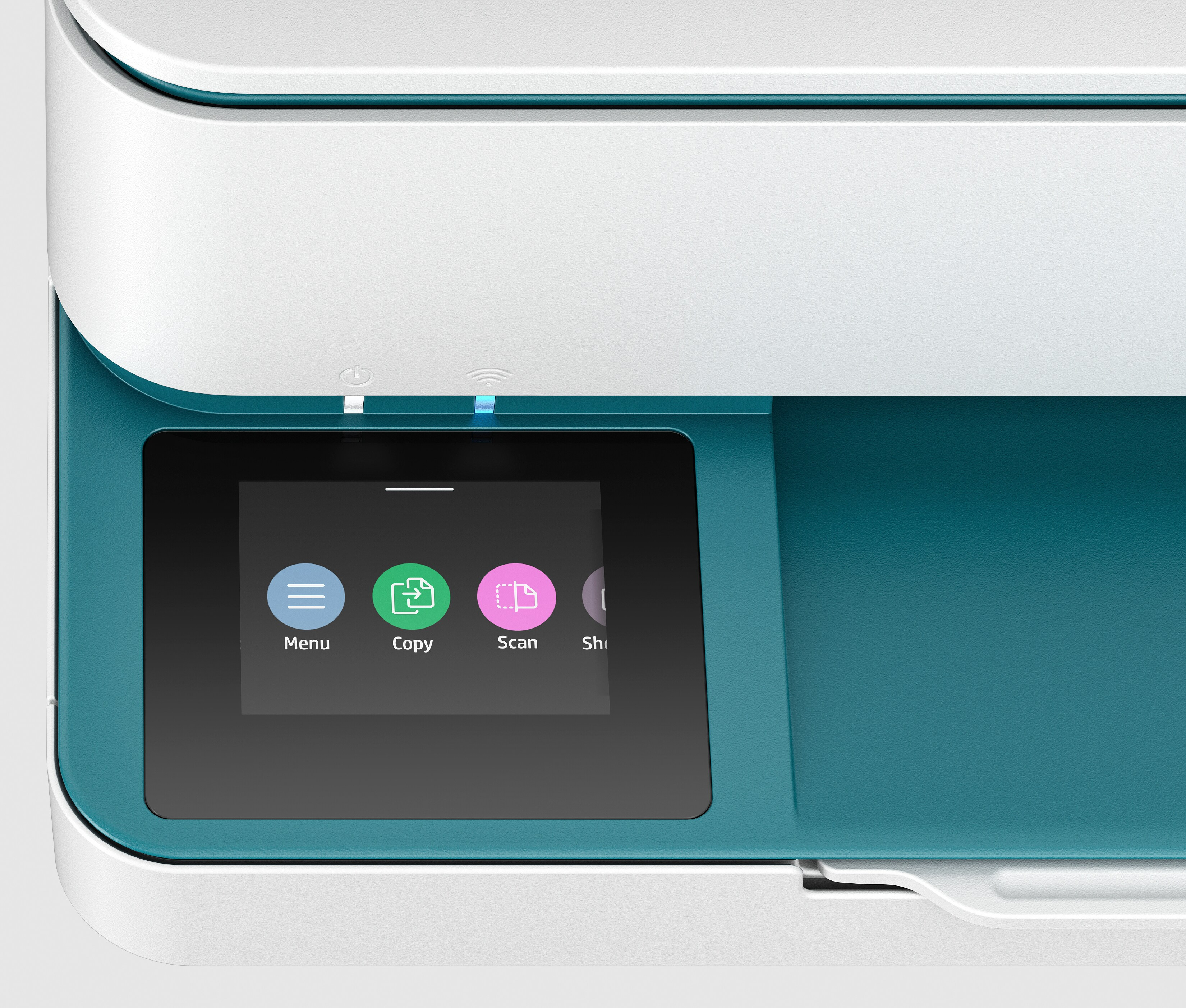 Primer plano del panel de control de una impresora HP blanca y verde azulado, que muestra iconos de Menú, Copiar y Escanear.