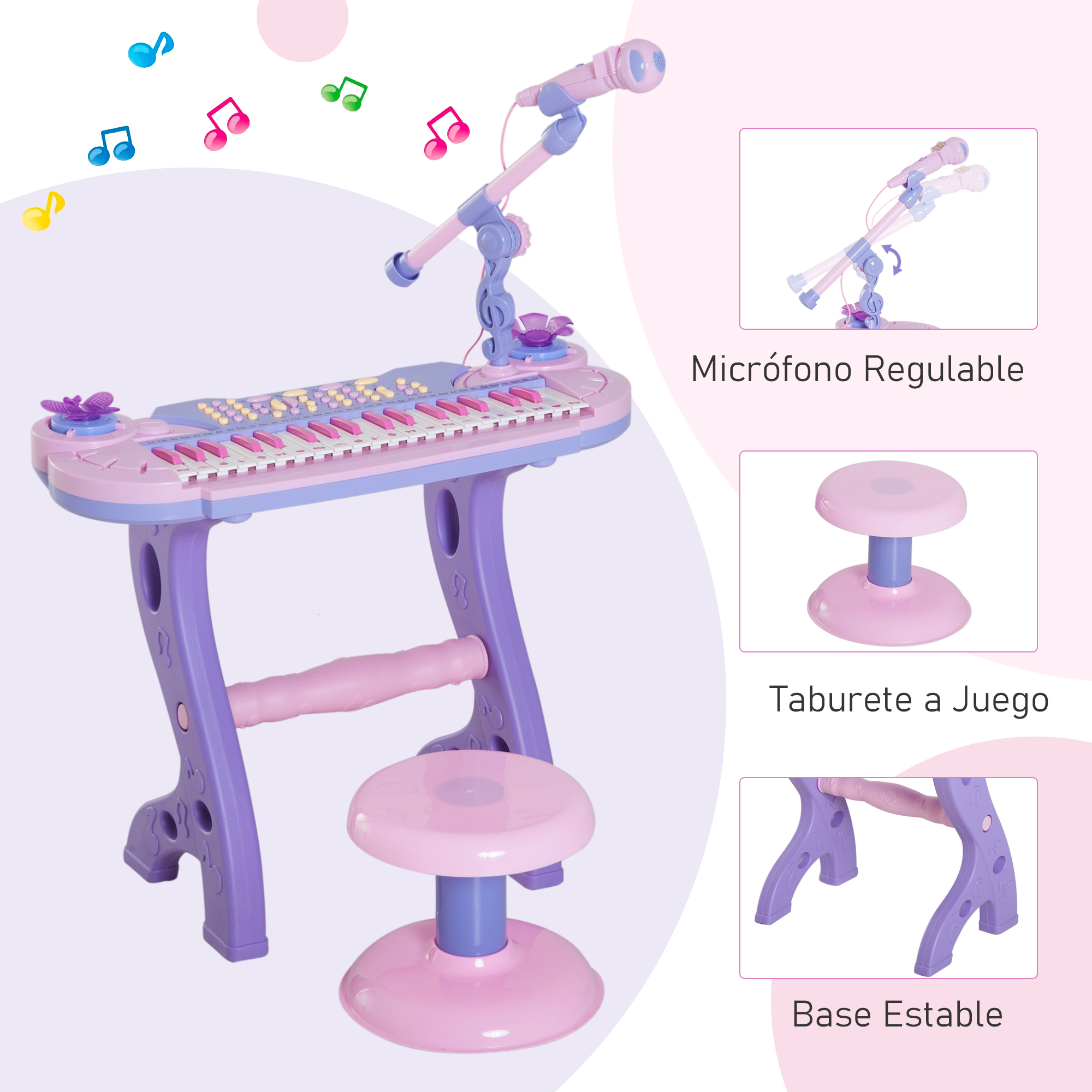 Un piano de juguete rosa y morado con un micrófono y un taburete se muestra sobre un fondo blanco.