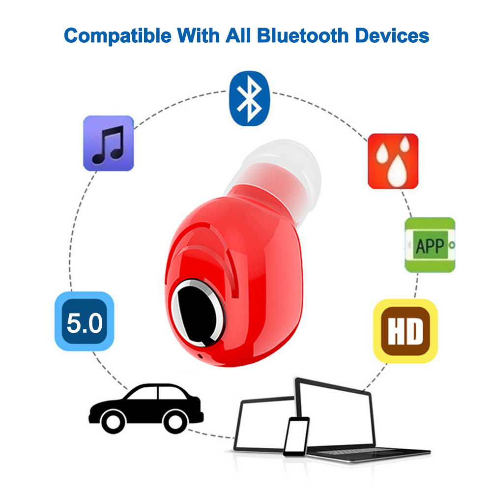 Ein roter kabelloser Ohrhörer ist von Symbolen umgeben, die darauf hinweisen, dass er mit Bluetooth-Geräten kompatibel ist.