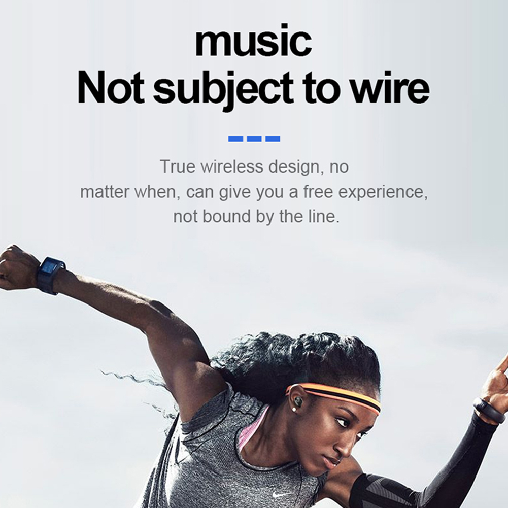 Eine Frau beim Laufen, mit Stirnband und Ohrhörern. Text sagt 'Musik, nicht an Kabel gebunden'.