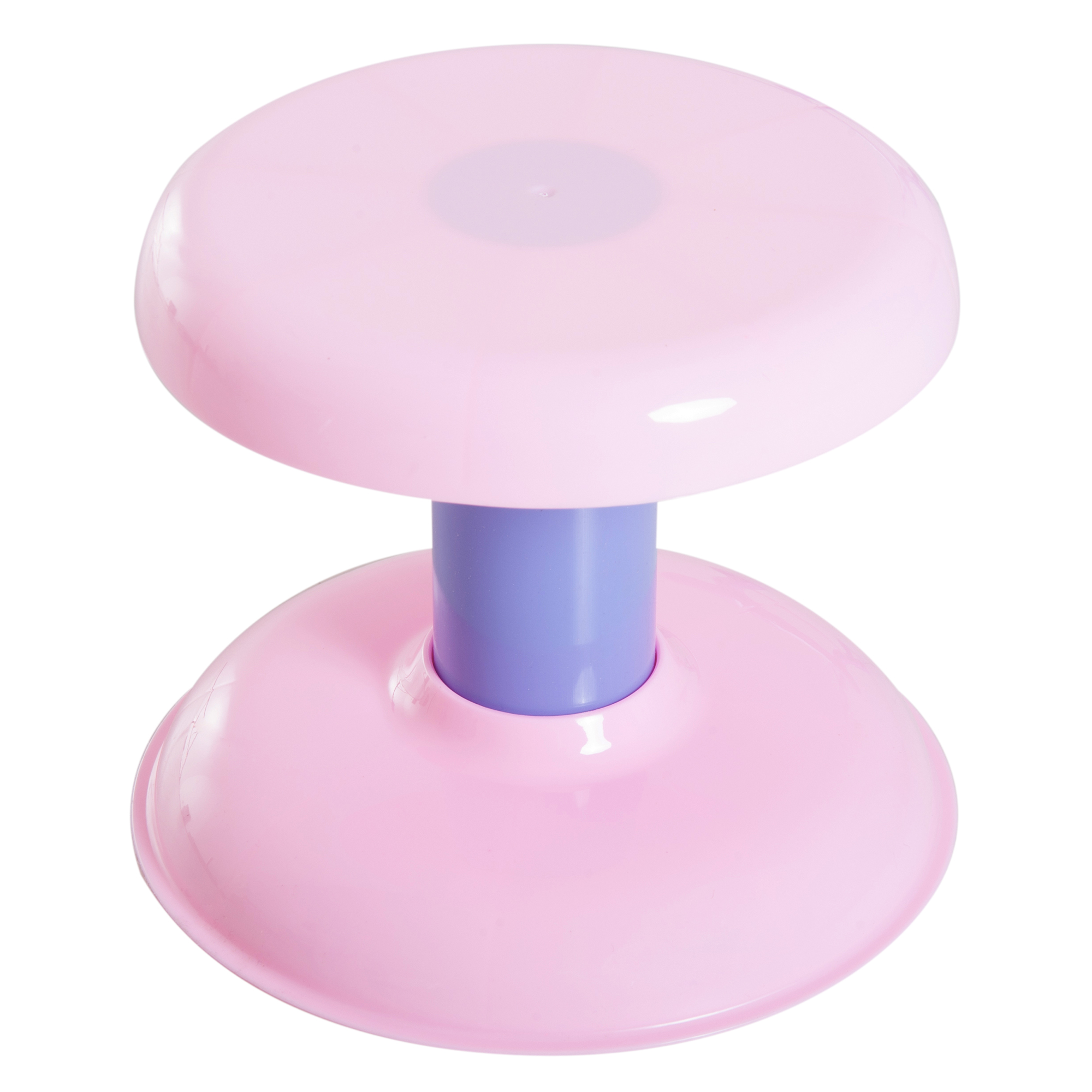 Uno sgabello a forma di fungo rosa e viola. La parte superiore è rosa, lo stelo è viola e la base è rosa.