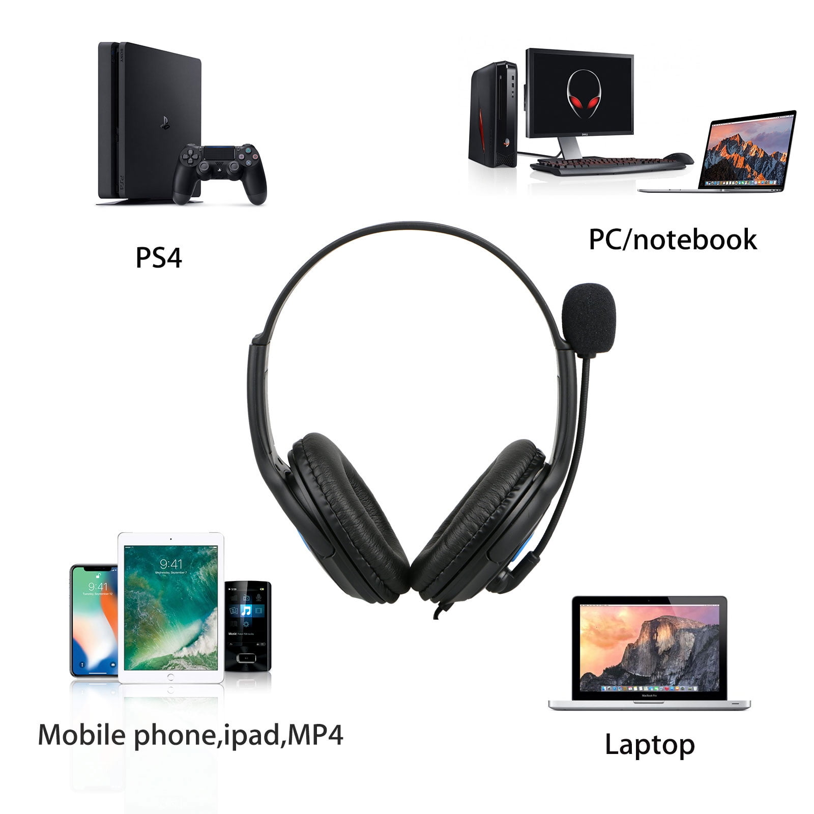 Kopfhörer neben einer PS4, PC/Notebook, Mobiltelefon/iPad/MP4 und einem Laptop. Dies sind Beispiele.