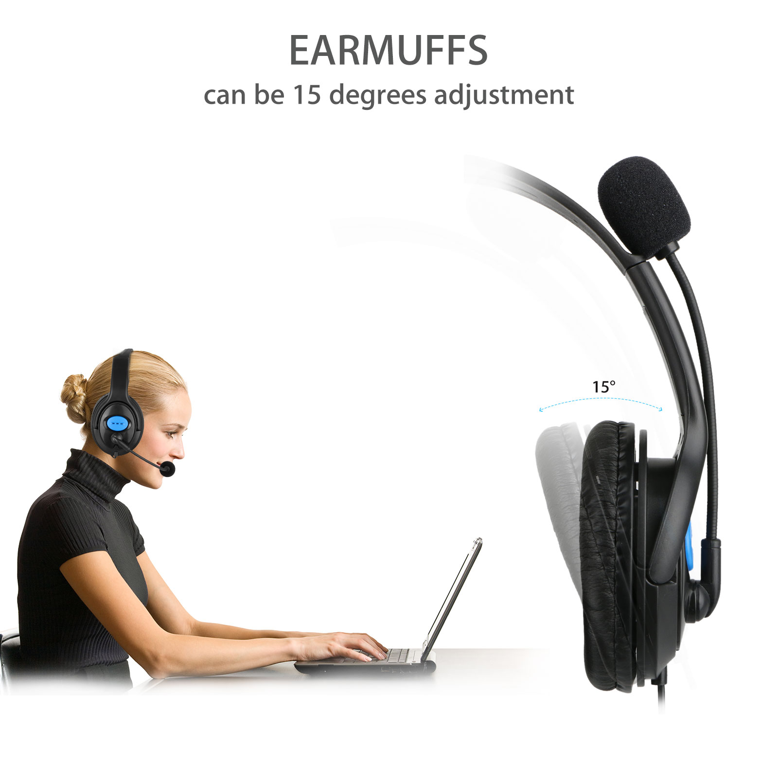 Frau mit Headset und Mikrofon benutzt einen Laptop. Das Headset ist um 15 Grad verstellbar.