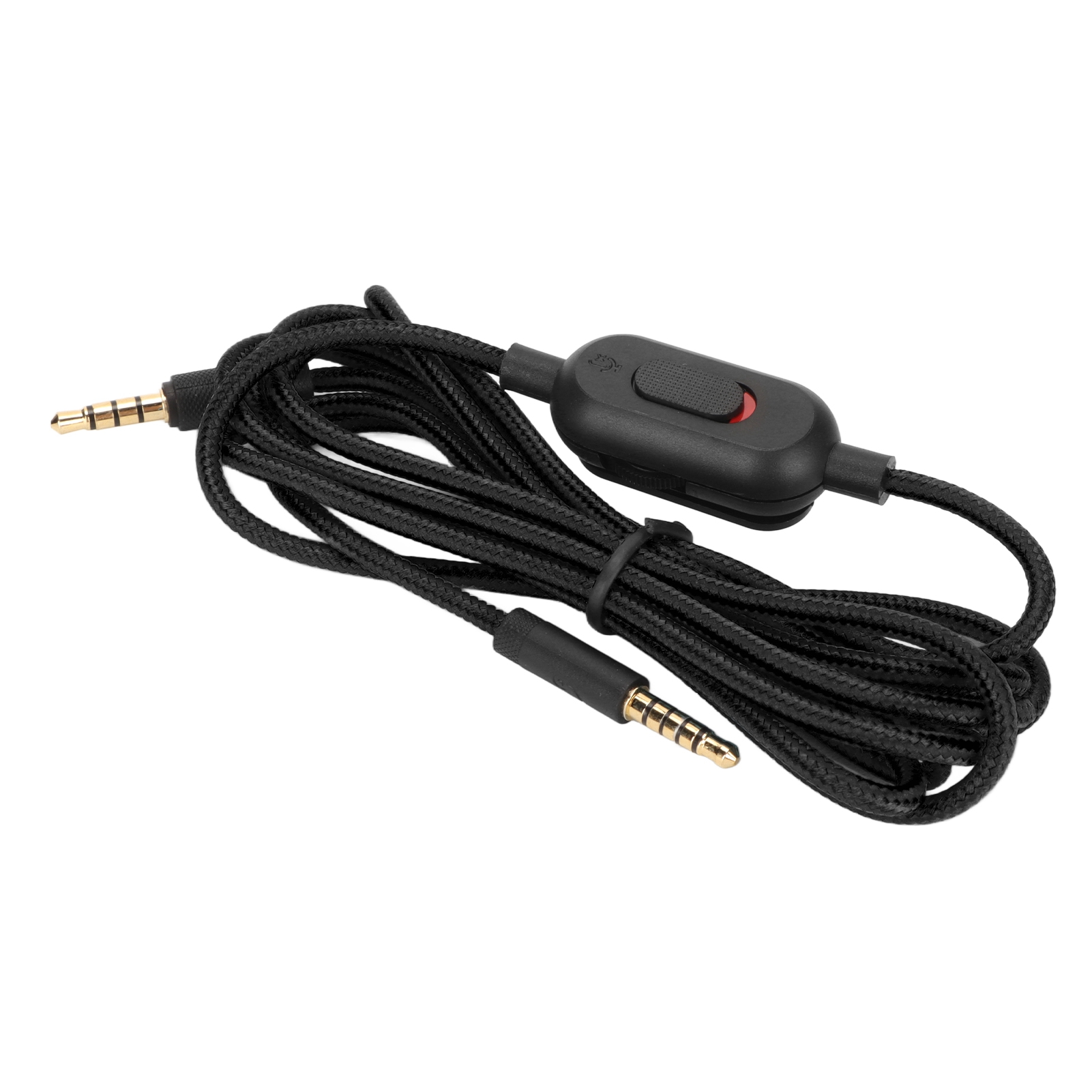 Schwarzes Audiokabel mit Goldsteckern und einem Bedienknopf. Das Kabel ist aufgerollt.