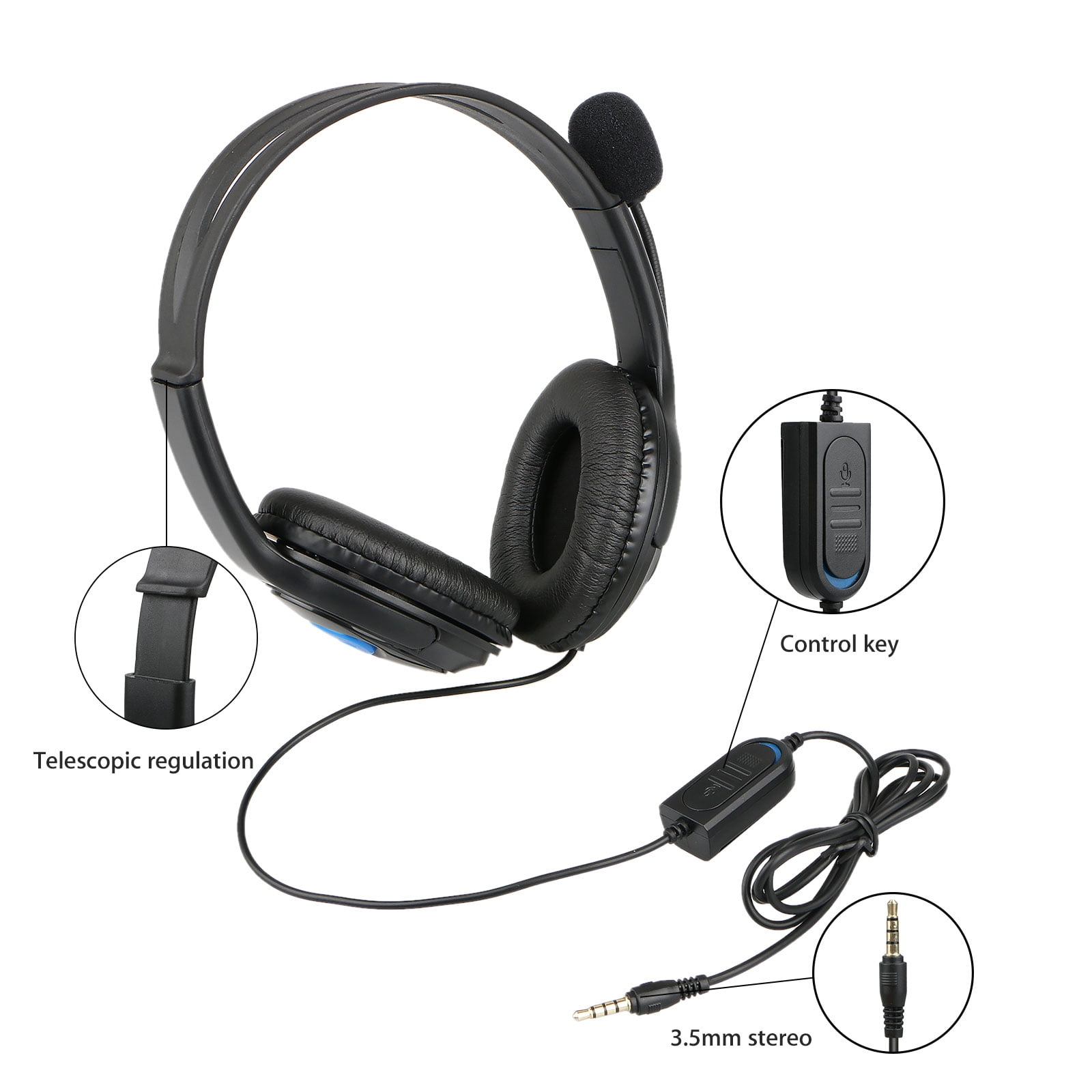 Schwarzes Headset mit Mikrofon und Steuertaste. Mit Teleskopregulierung und 3,5-mm-Stereo.