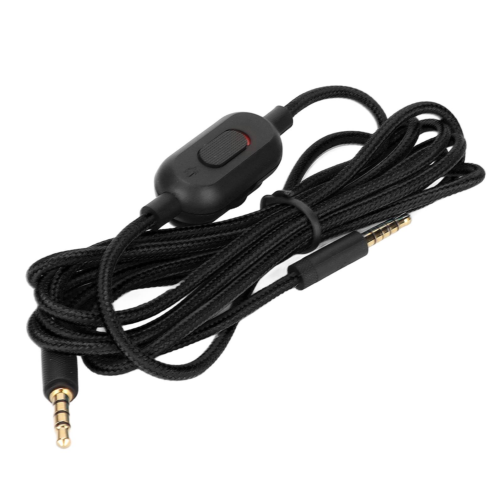 Schwarzes Audiokabel mit Goldsteckern und einem Bedienknopf. Das Kabel ist geschlungen.