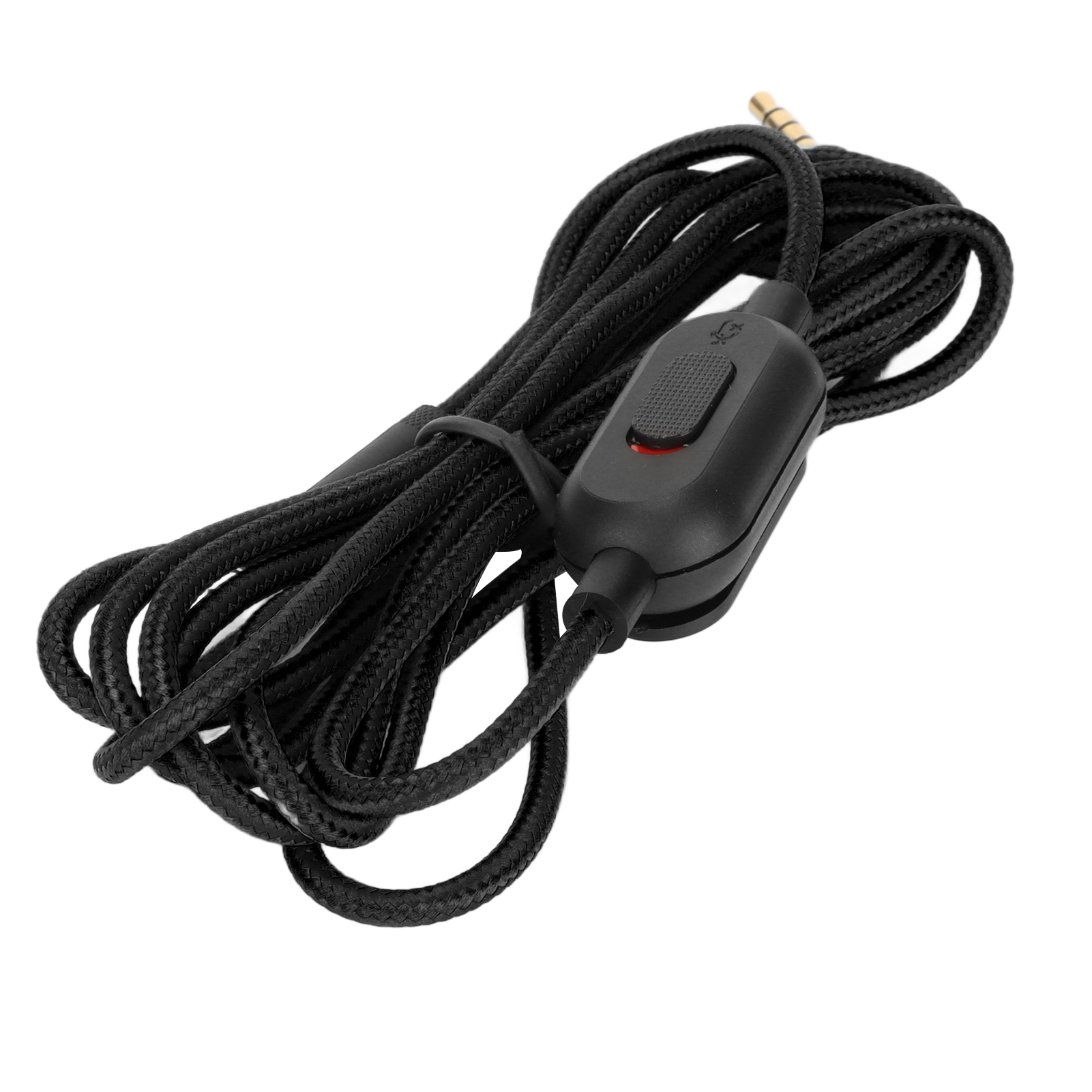 Schwarzes Audiokabel mit Goldsteckern und einem Bedienknopf. Das Kabel ist aufgerollt.