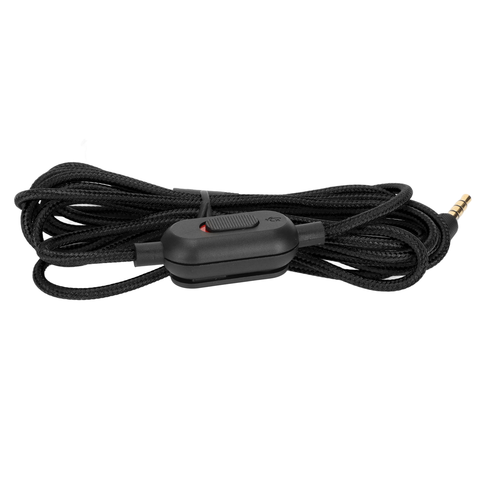 Schwarzes Audiokabel mit Goldstecker und einem Bedienknopf. Das Kabel ist verdrillt.