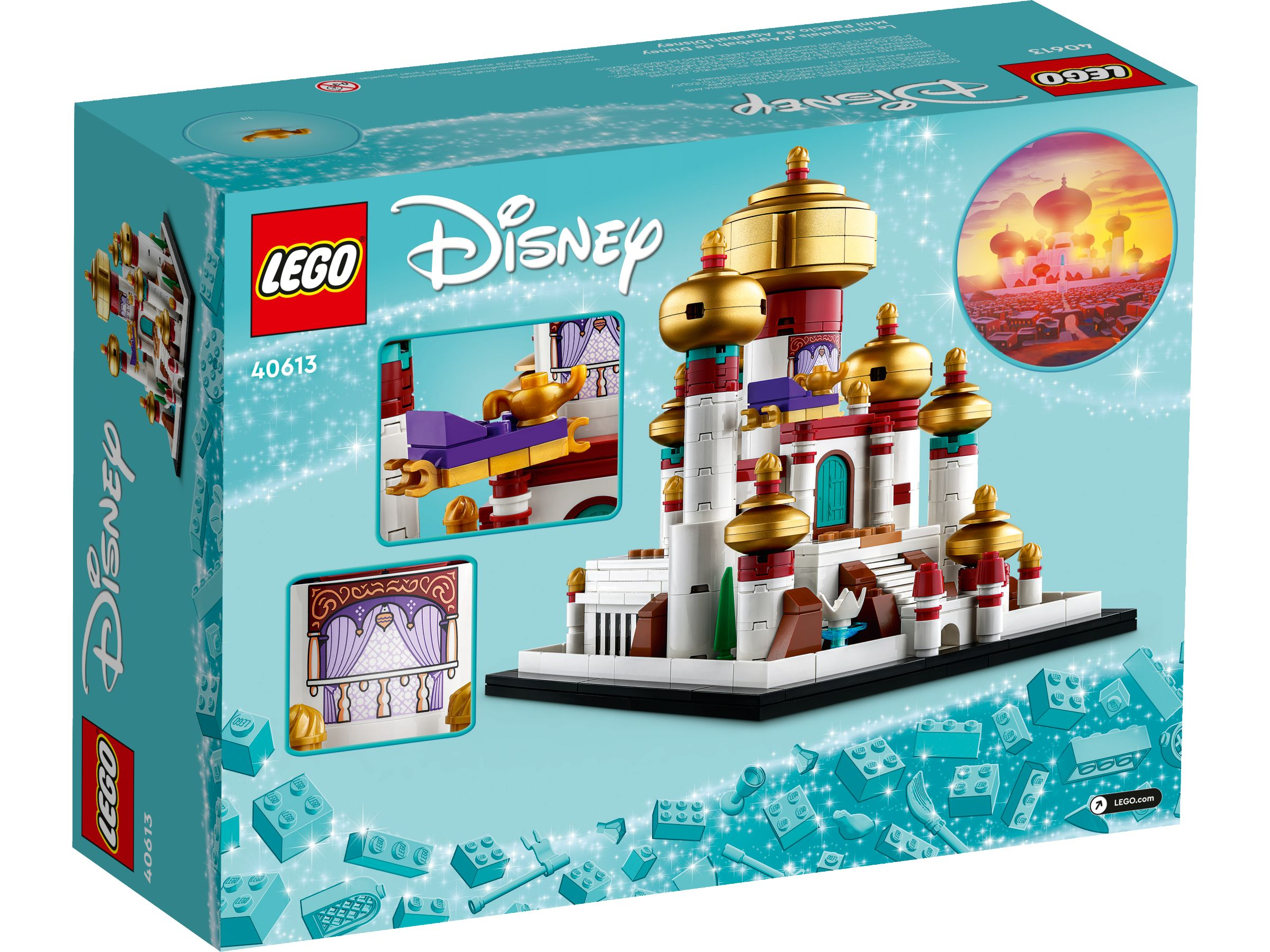 Lego Disney Mini Palast von Agrabah Box Rückseite. Enthält Bilder des Palastes und seines Bauspielzeugs.