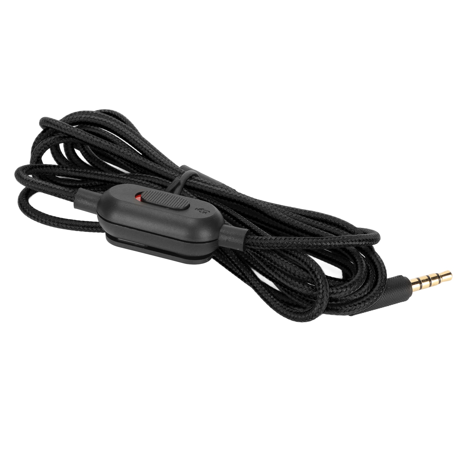 Ein aufgewickeltes schwarzes Kabel mit Inline-Steuerung und einem goldfarbenen Audioanschluss auf weißem Hintergrund.