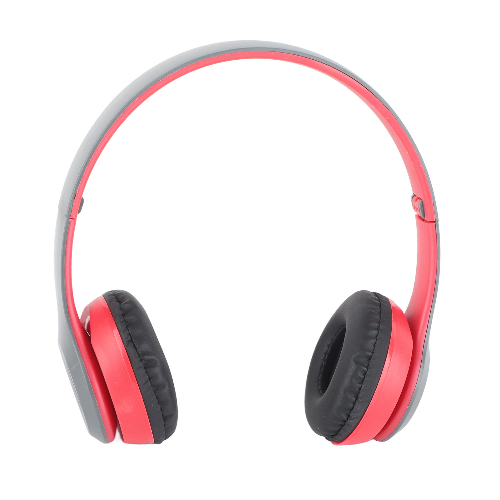 Rote und graue Kopfhörer mit schwarzen Ohrmuscheln, isoliert auf weißem Hintergrund, die ein einfaches Design zeigen.