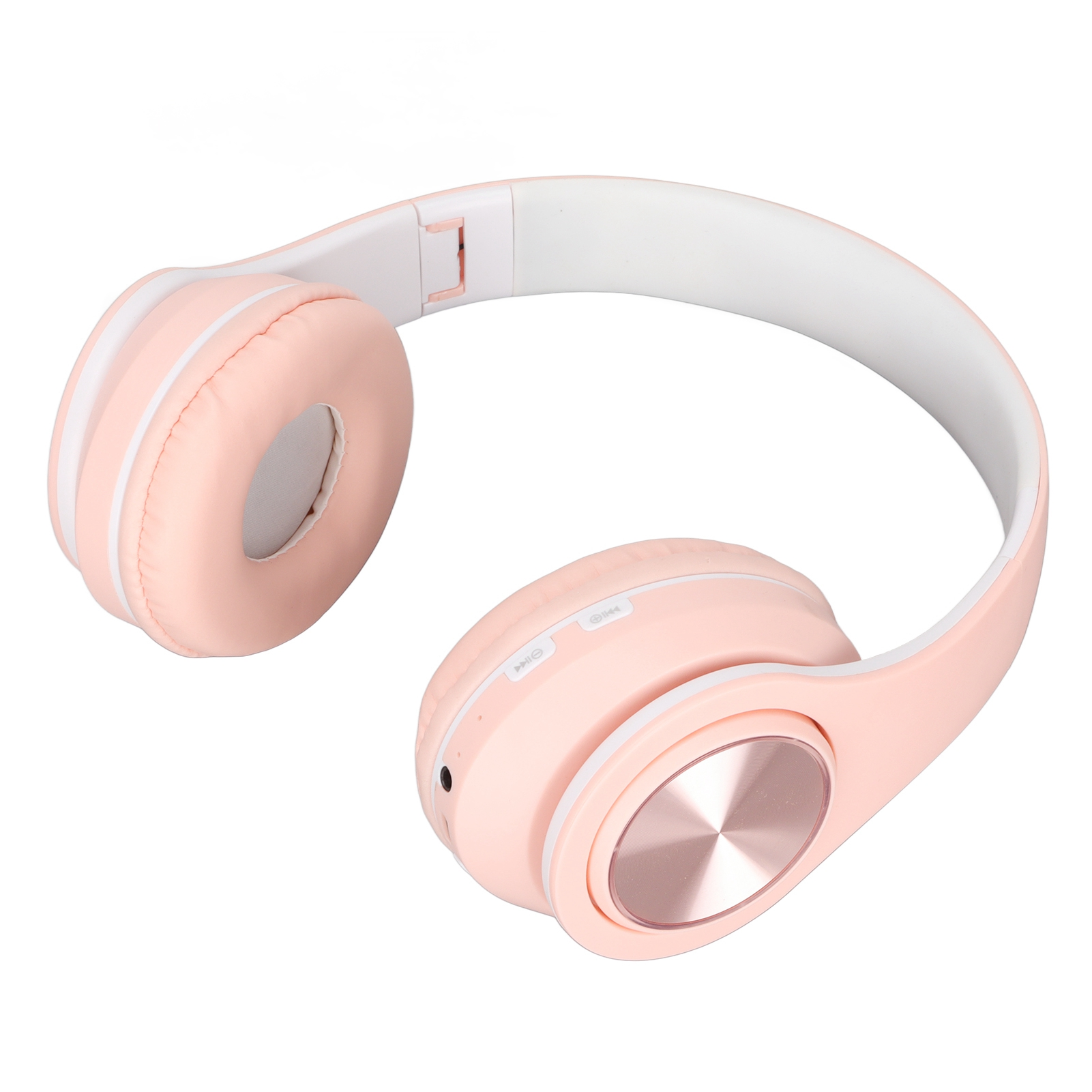 Drahtlose rosa Kopfhörer auf Weiß. Sie sind angewinkelt. Die Ohrmuscheln sind rosa, das Stirnband ist weiß.