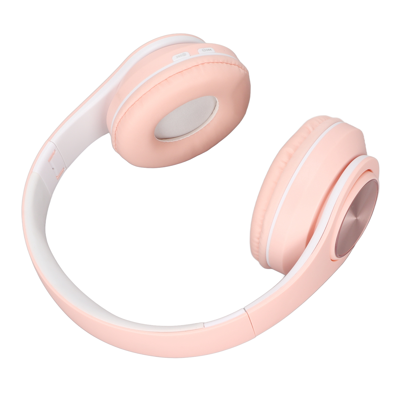 Drahtlose rosa Kopfhörer auf Weiß. Sie sind angewinkelt. Die Ohrmuscheln sind rosa, das Stirnband ist weiß.