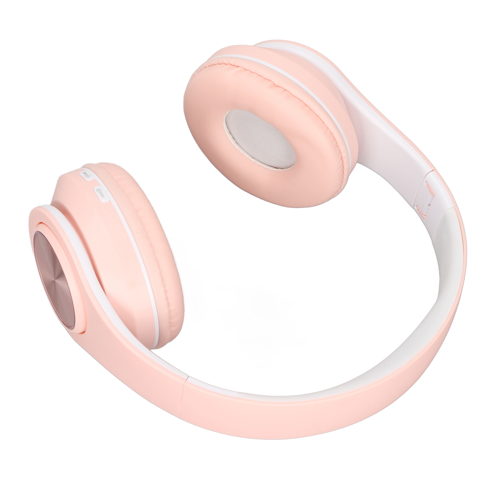Drahtlose rosa Kopfhörer auf Weiß. Sie sind angewinkelt. Die Ohrmuscheln sind rosa, das Stirnband ist weiß.