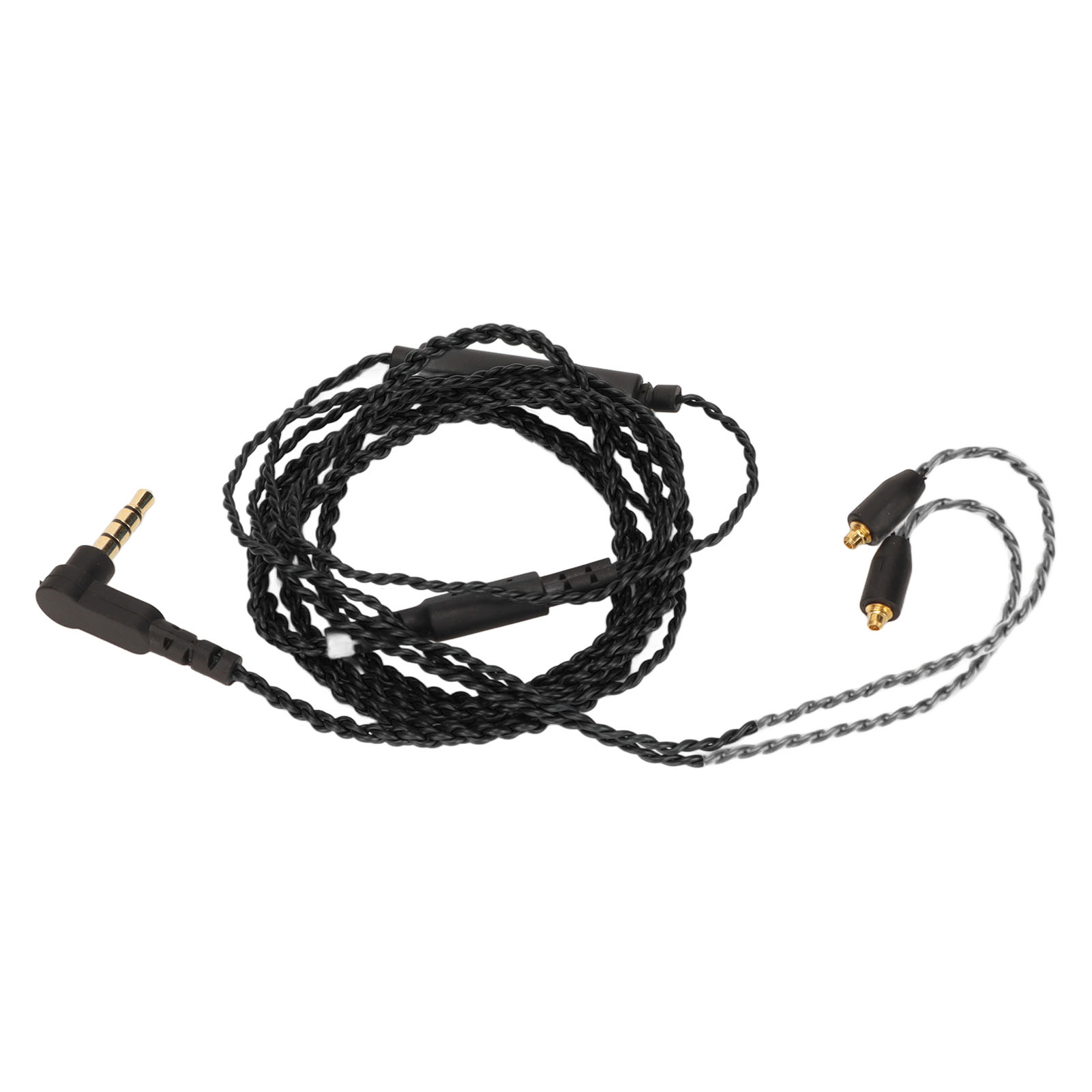 Geflochtenes schwarzes Audiokabel mit 3,5-mm-Klinke und zwei Anschlüssen.