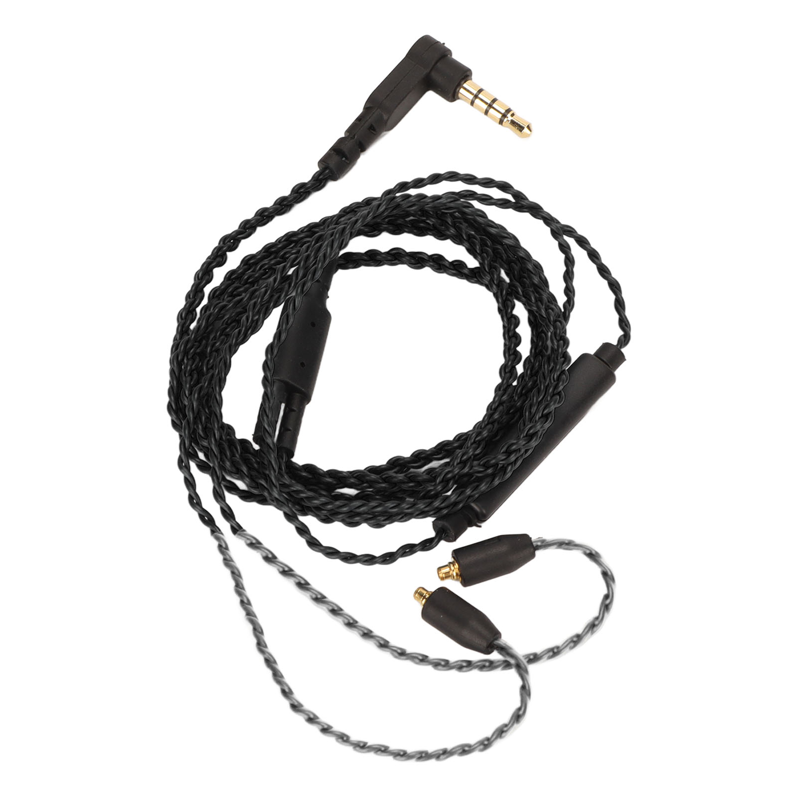 Geflochtenes schwarzes Audiokabel mit 3,5-mm-Klinke und zwei Anschlüssen.