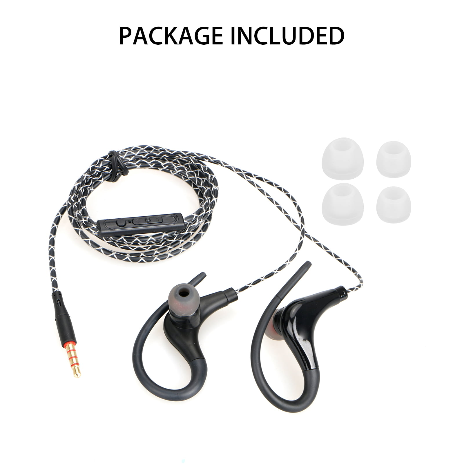 Das Bild zeigt schwarze Ohrhörer mit Kabel, eine Fernbedienung, vier weiße Ohrhörerstöpsel und eine Kopfhörerbuchse.