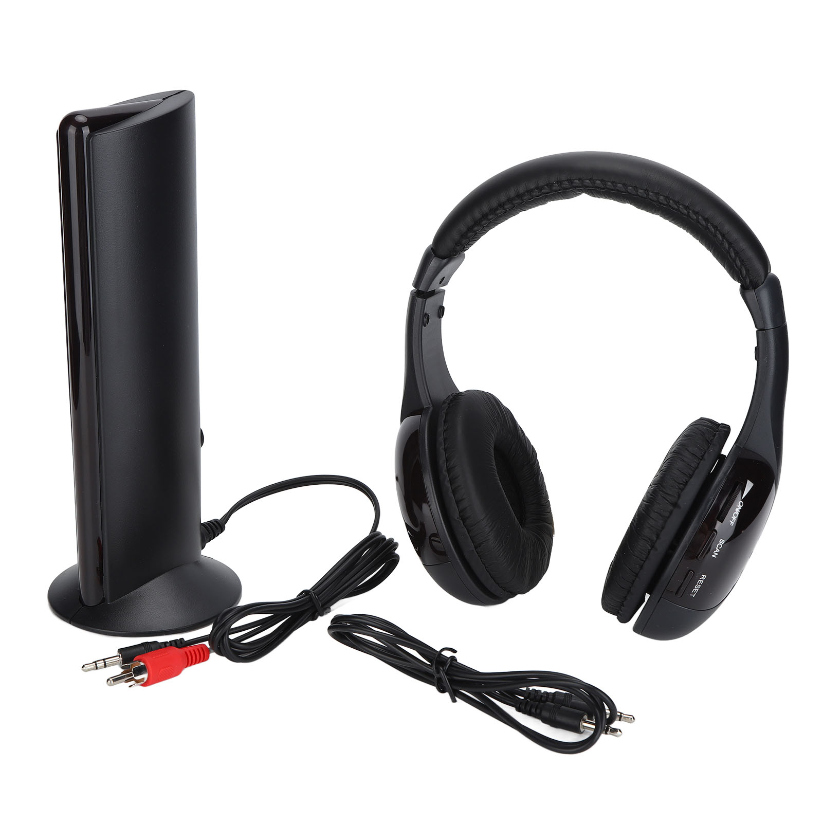 Ein schwarzes Gerät mit Kopfhörern, einem Kabel und zwei Audio-Steckern. Weißer Hintergrund.