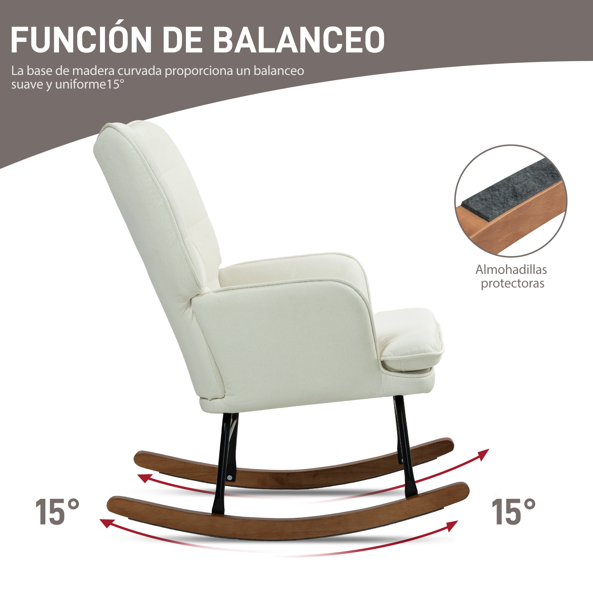 Sillón balancín blanco roto con texto en español indicando un balanceo de 15 grados.