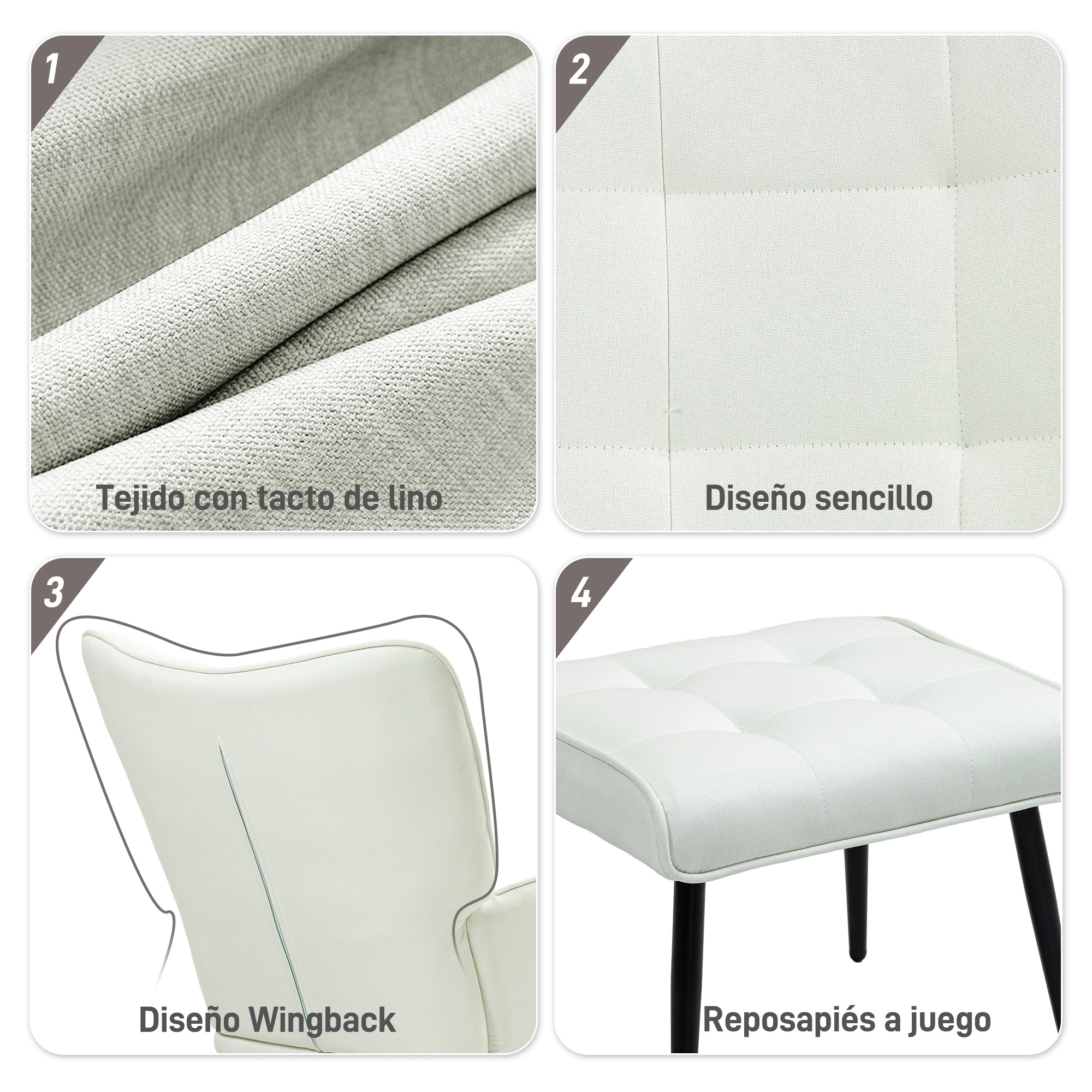 Visualización de cuatro imágenes: tela de lino, diseño sencillo, sillón orejero, reposapiés a juego.