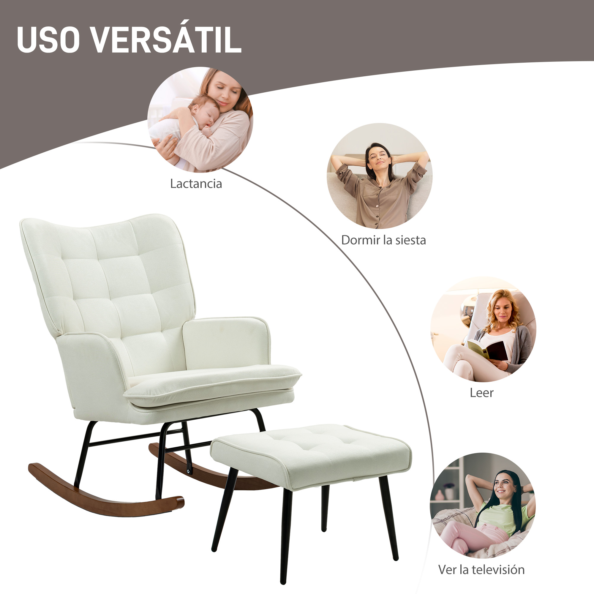Mecedora y taburete blancos. La silla tiene un respaldo y asiento tapizados con patas negras y balancines de madera.