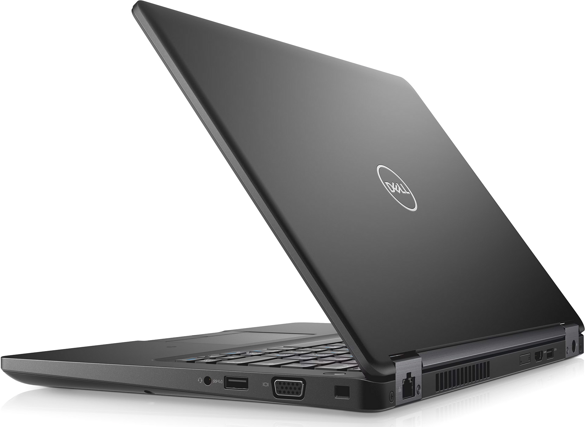 Een zwarte Dell laptop, achteraanzicht, met het deksel gedeeltelijk open, met het Dell-logo, op een witte achtergrond.