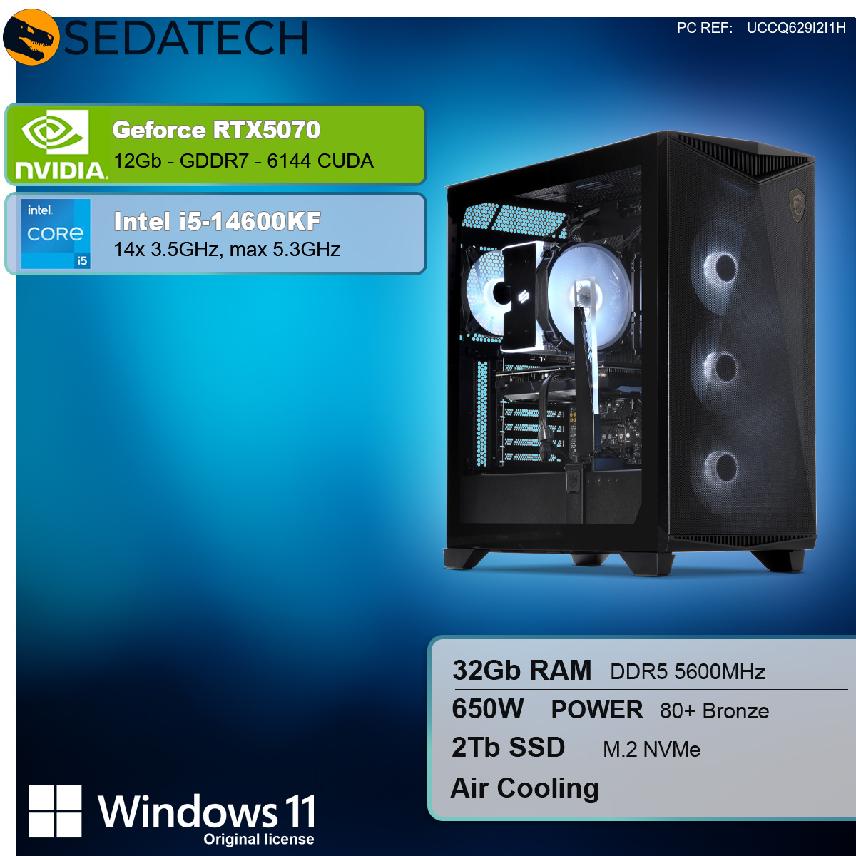 Case per PC nero con ventole illuminate, componenti interni e sovrapposizioni di testo con dettagli del prodotto.