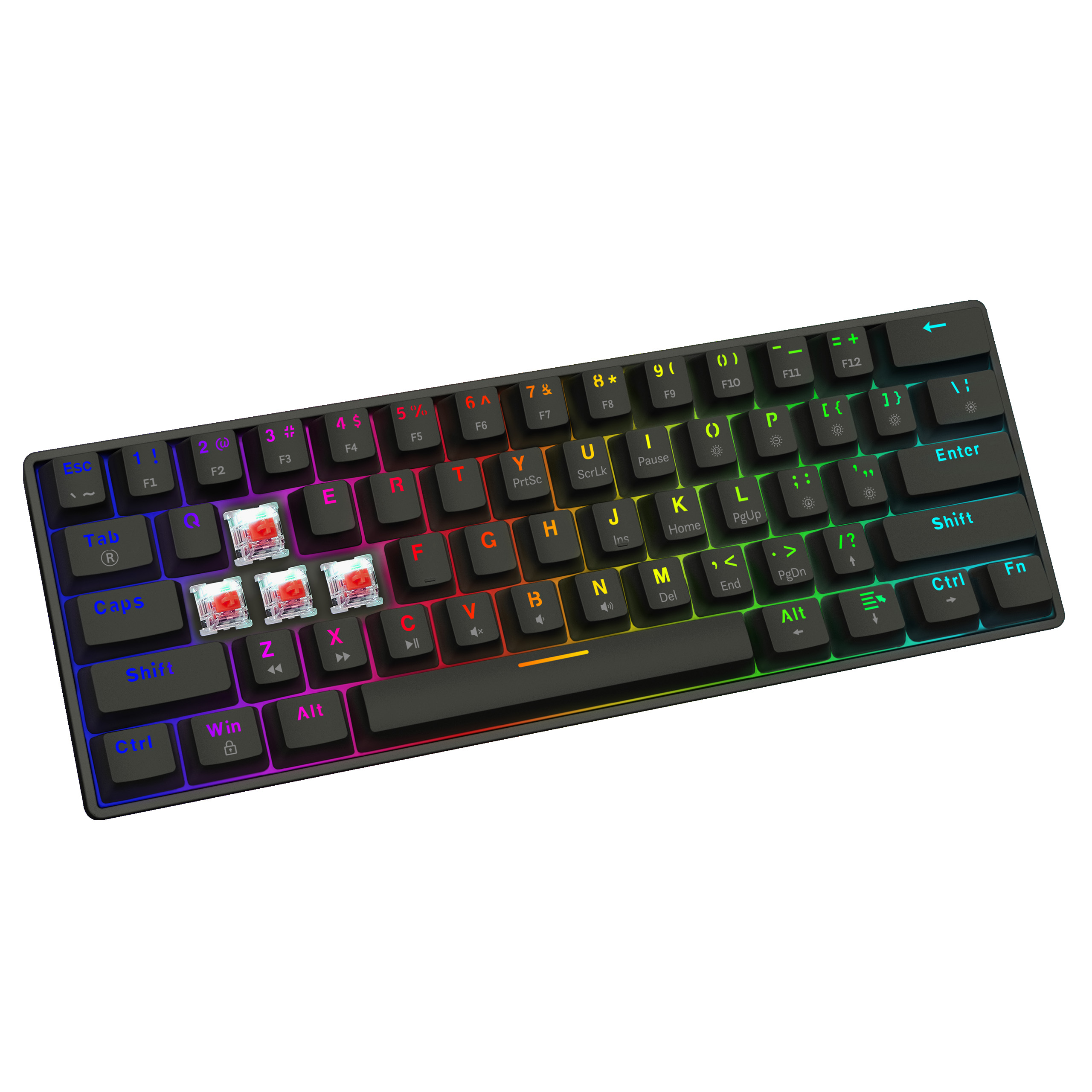 Czarna i kolorowa klawiatura mechaniczna z wieloma klawiszami, tęczowymi światłami i skupionym układem.
